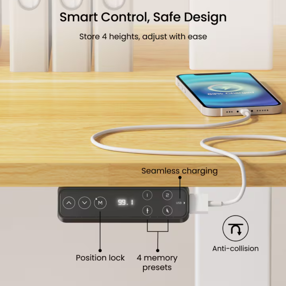 Schreibtisch-Bedienfeld mit USB-Lade-Handy, das smarte Funktionen anzeigt.