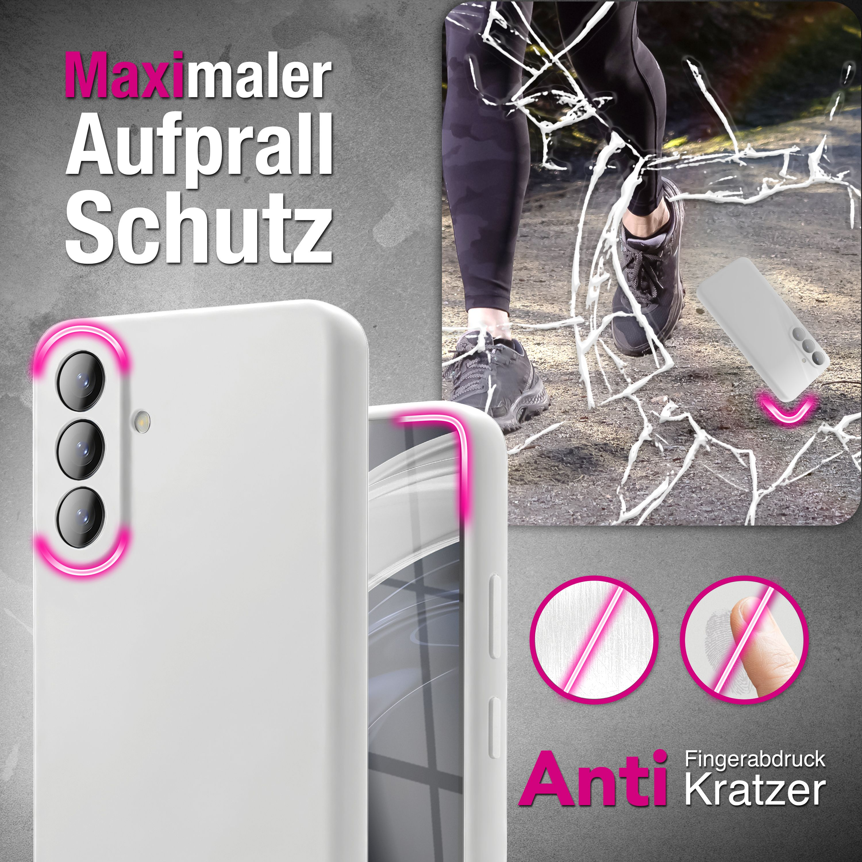 Ein weißes Handycase mit pinken Akzenten, das vor Sturzschäden schützt.