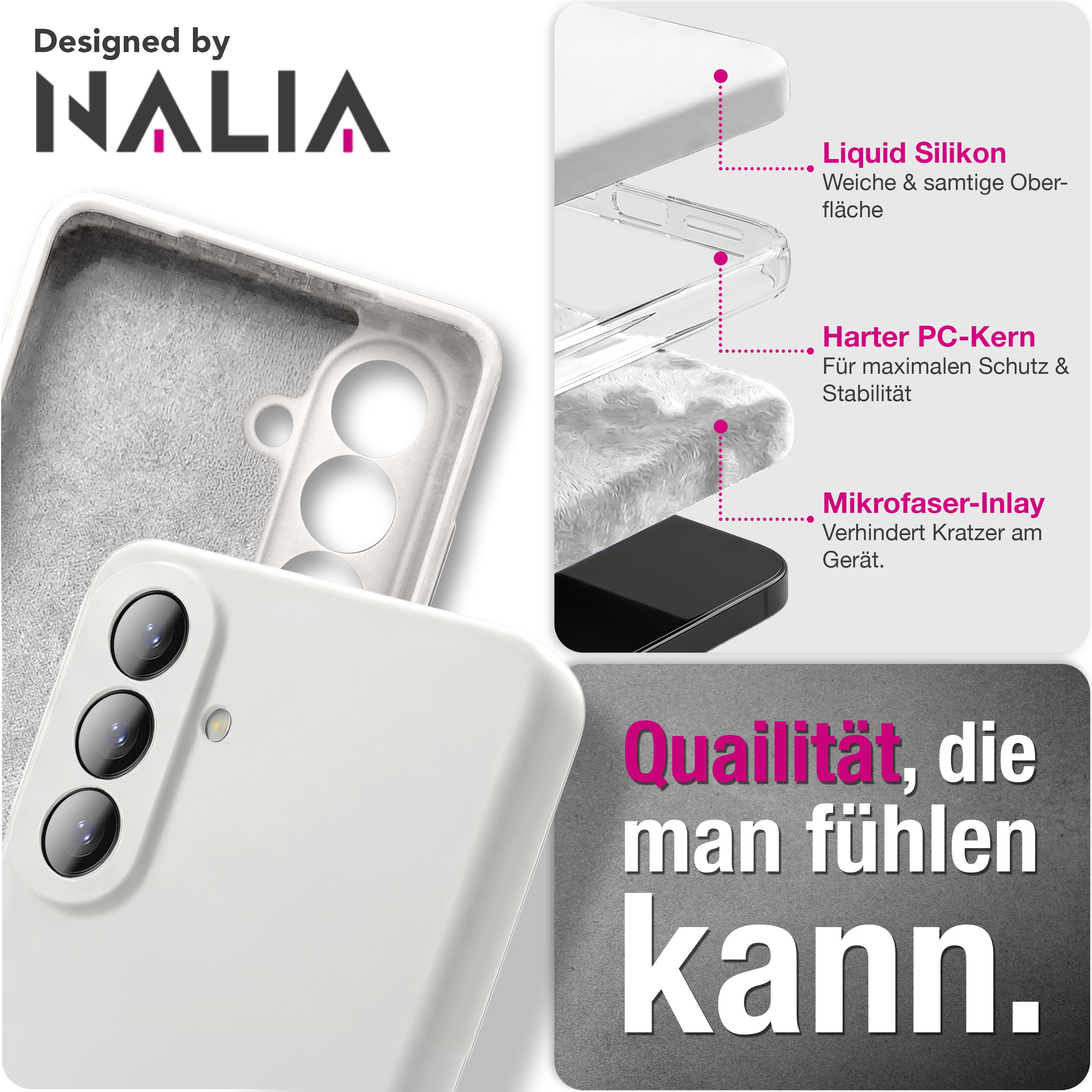 Ein weißes Handy mit drei Kameralinsen, umgeben von einer detaillierten Handyhülle.