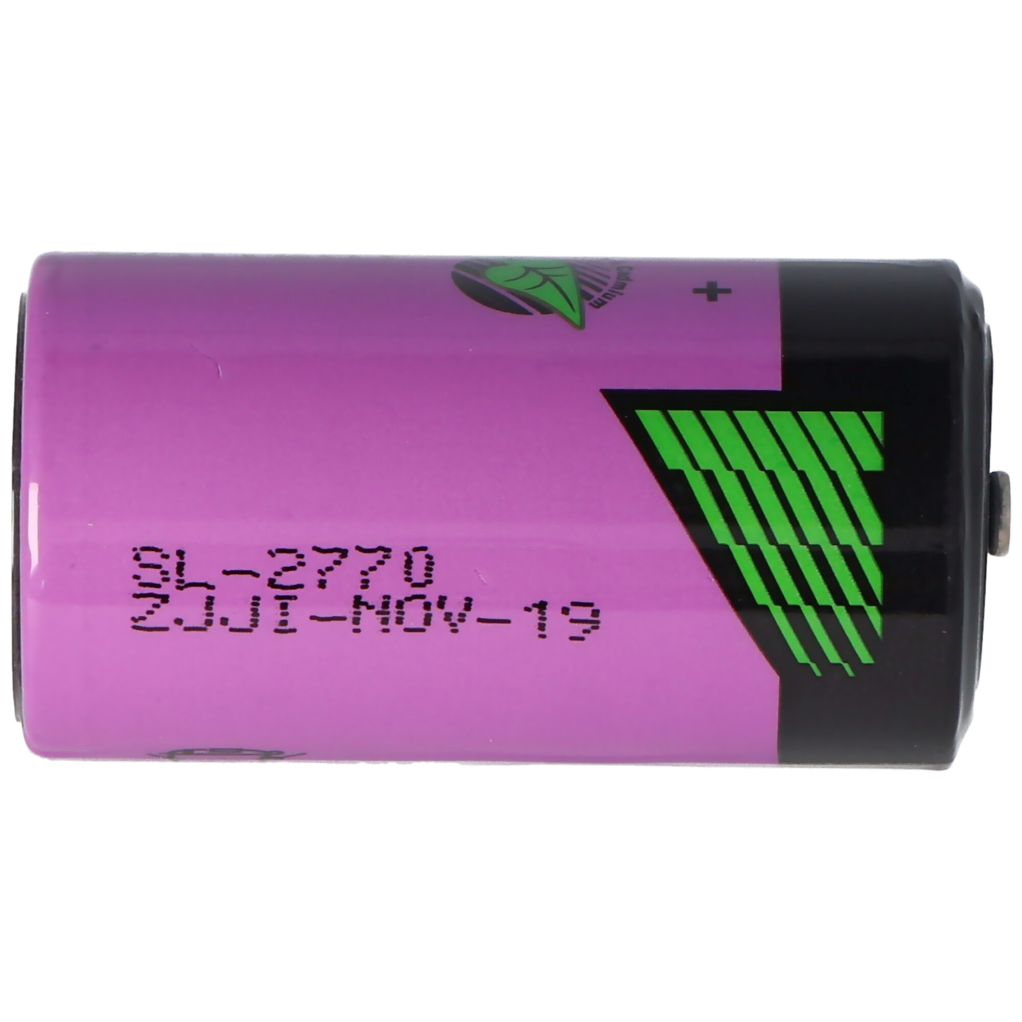 Lila Batterie mit schwarzen und grünen Akzenten und Beschriftung.