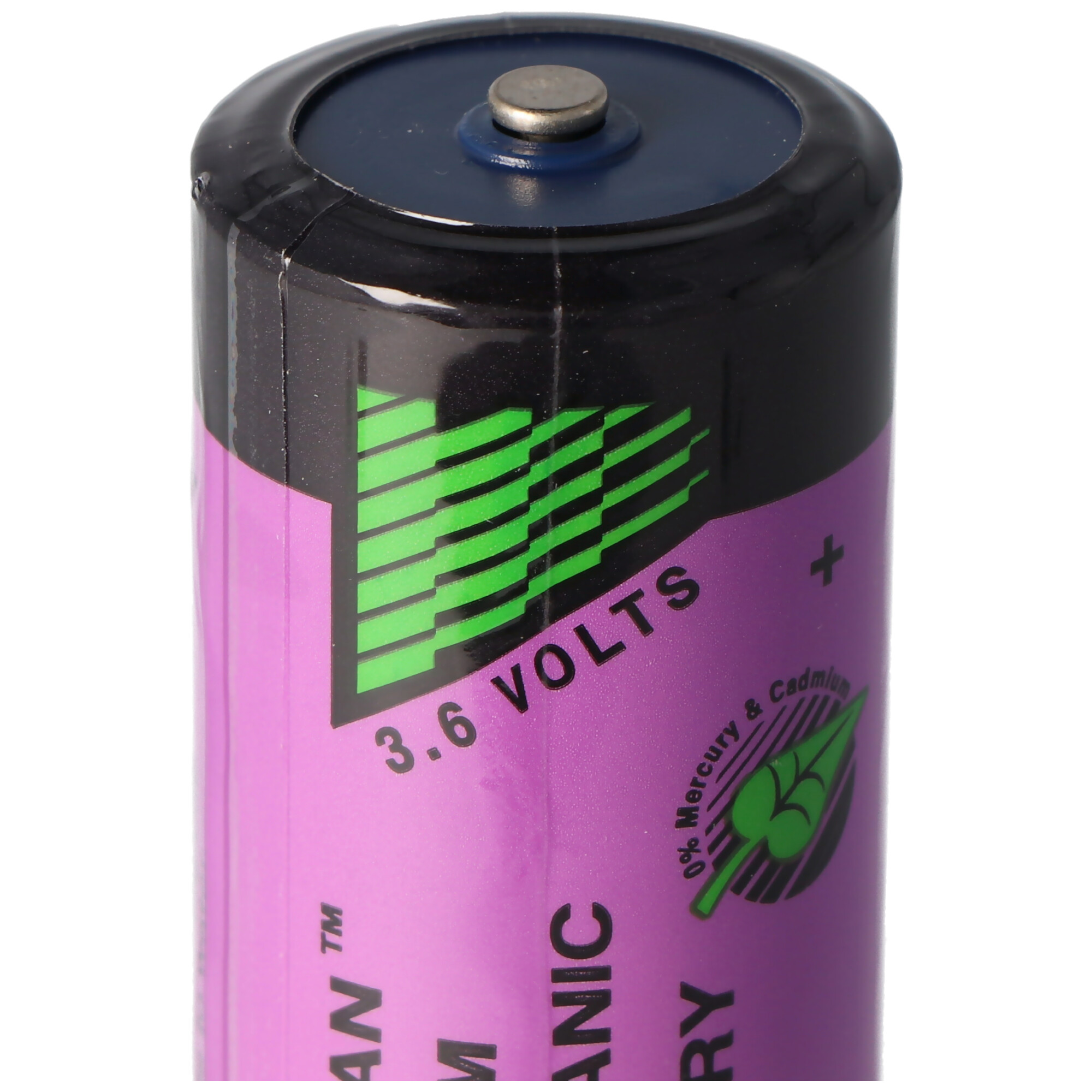 Eine 3,6-Volt-Batterie mit einem lila Etikett und grünen Grafiken.
