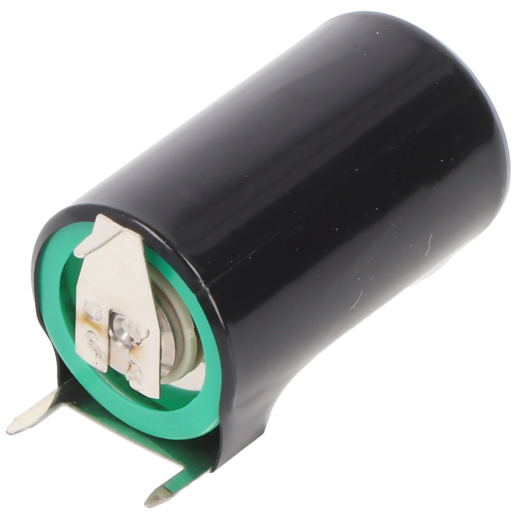 Schwarzer Akku mit grünem Ring und Metallkontakten.