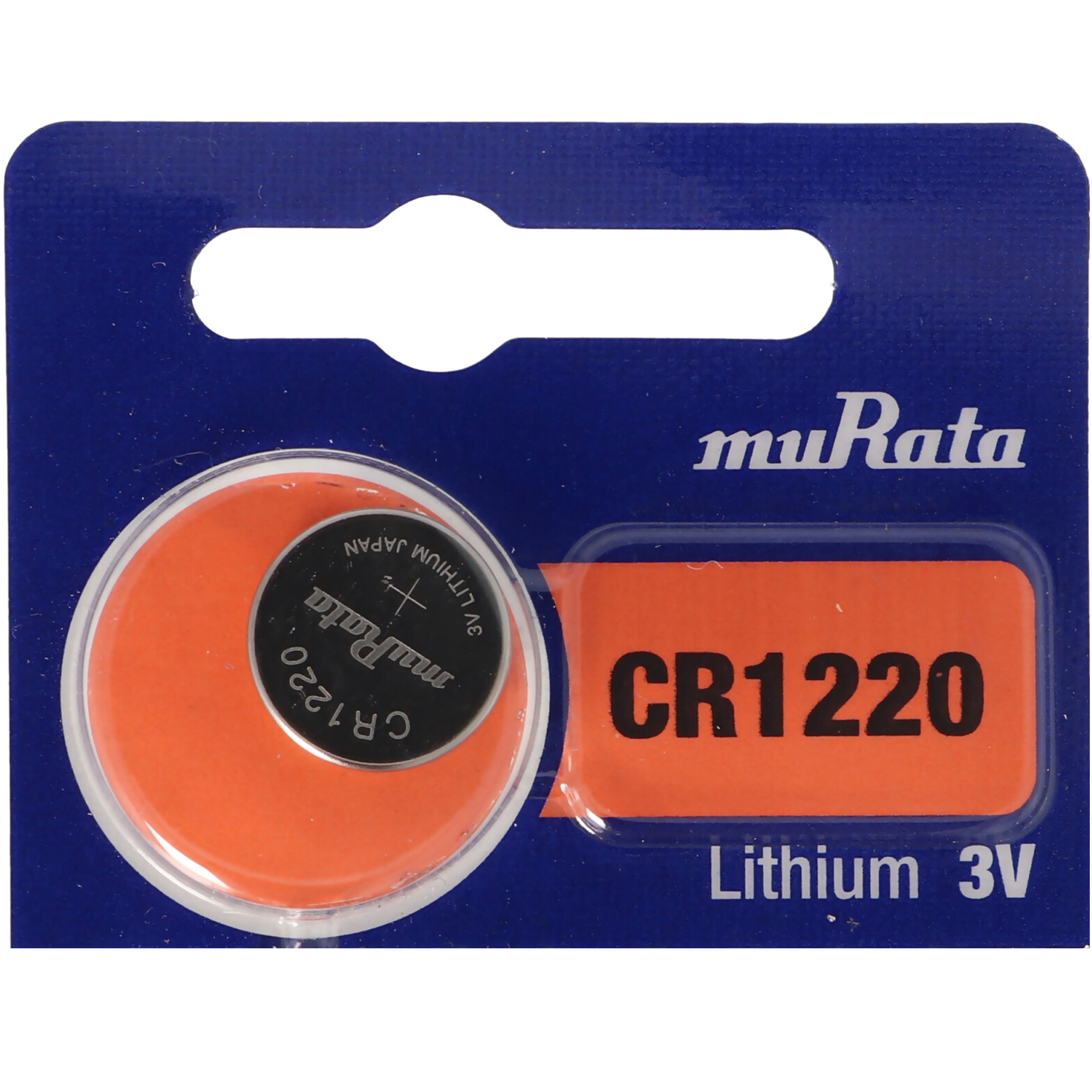 Eine CR1220 Lithium 3V Knopfzelle in Blisterverpackung.