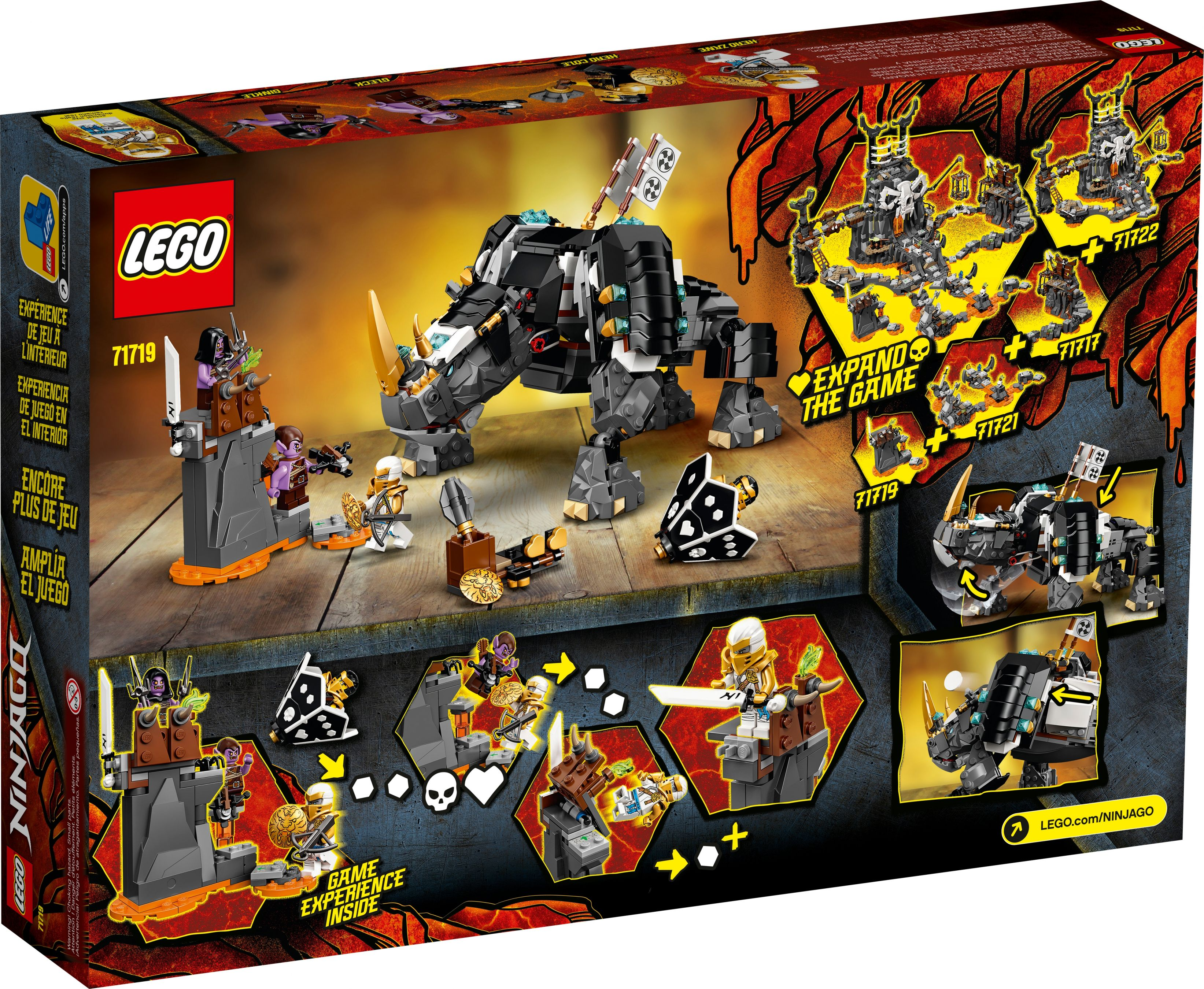 LEGO Ninjago Set 71719 mit einem Nashorn-Mech, Figuren und Spielwelten.
