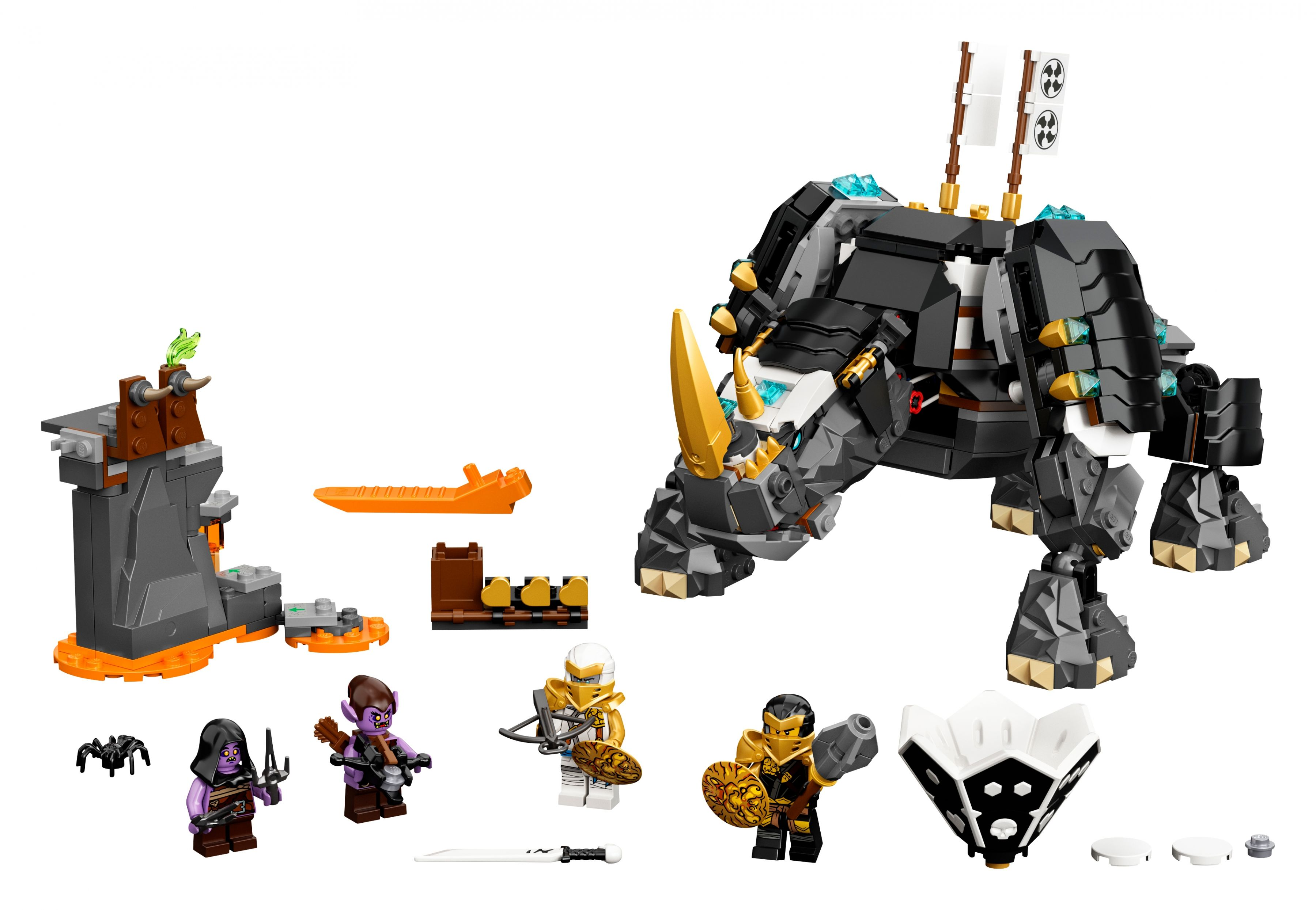 Ein LEGO-Set mit einem Nashorn-Roboter, Figuren, einem Berg und Zubehör.