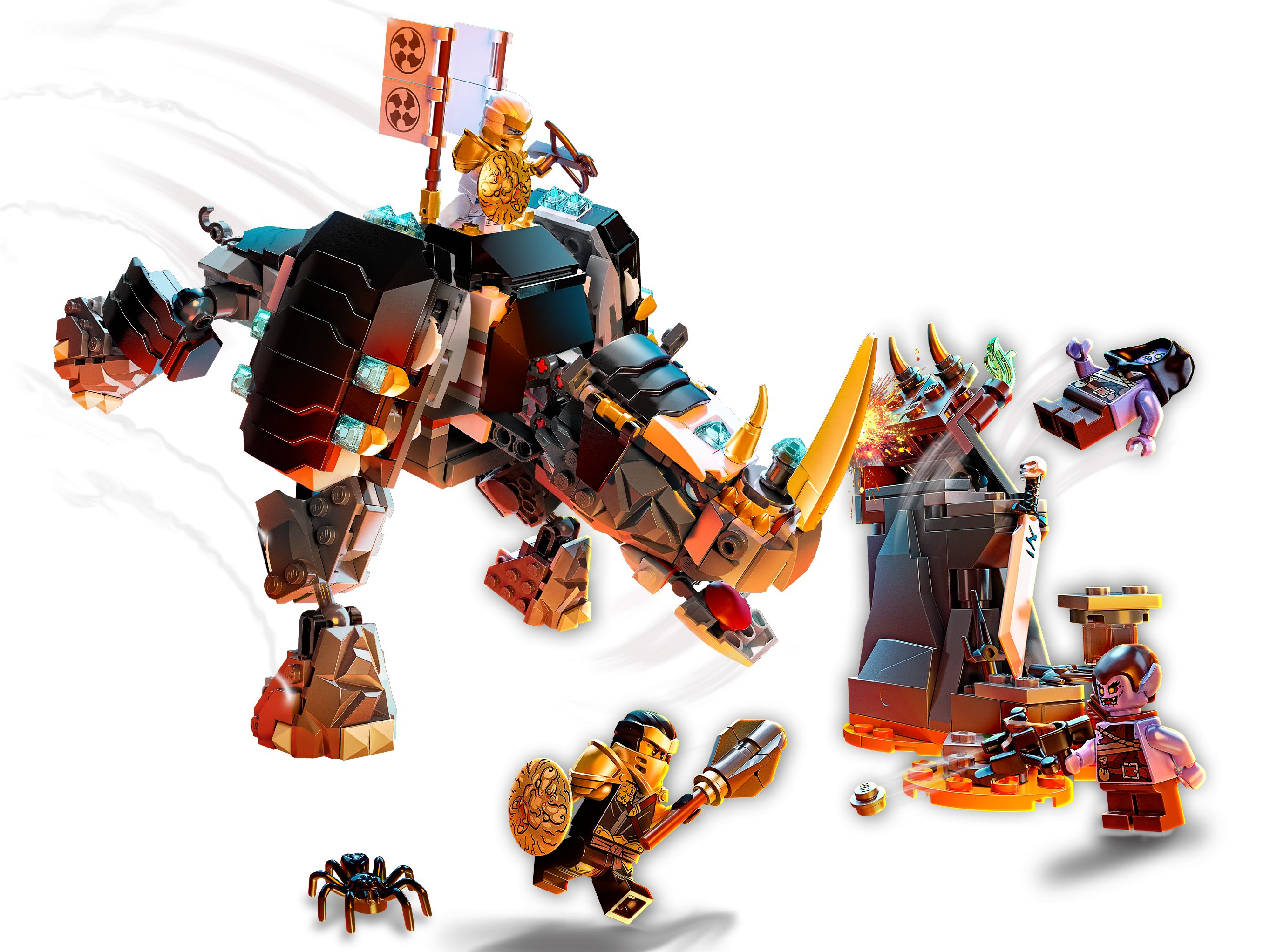 Lego-Ritter auf einem Nashorn-Mech greifen einen Turm an, während ein Spiderman-Charakter kämpft.