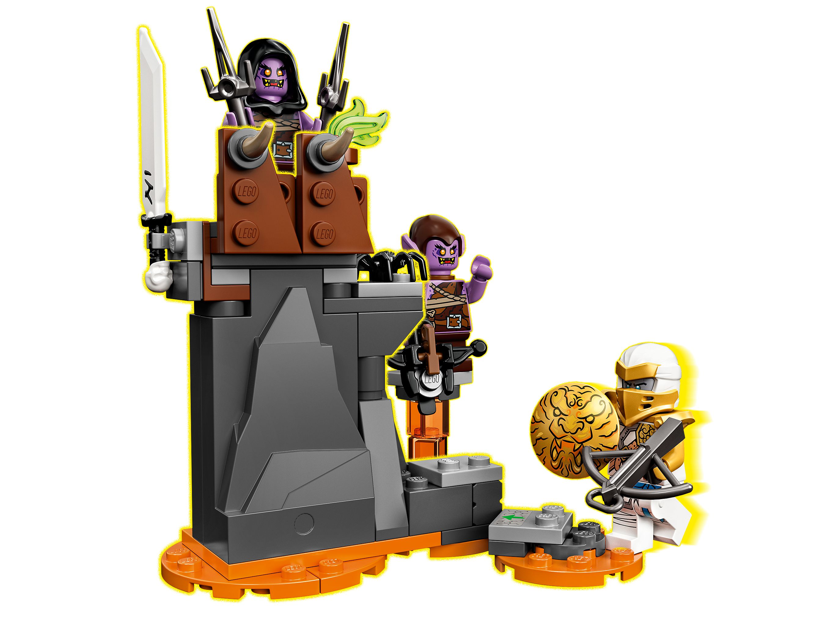 Lego-Figuren: Ein Krieger mit Bogen und Schild gegen lila Wesen auf einem Turm.
