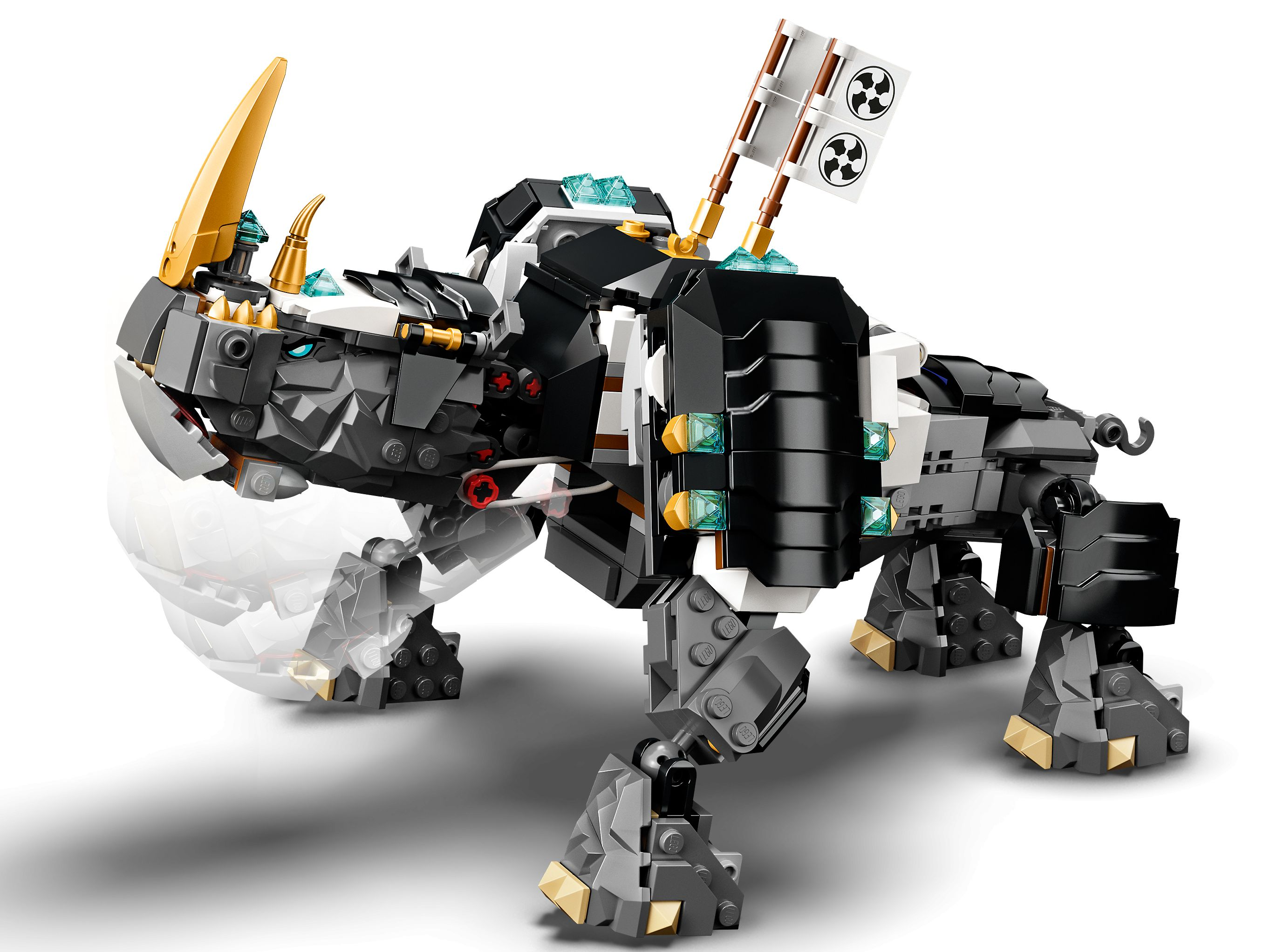 Ein Lego-Nashorn-Mech in Schwarz, Grau und Gold mit blauen Akzenten.