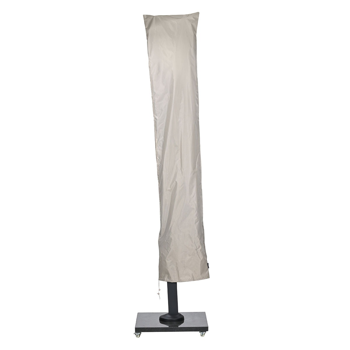 A tall, beige outdoor umbrella cover stands on a square base with wheels.