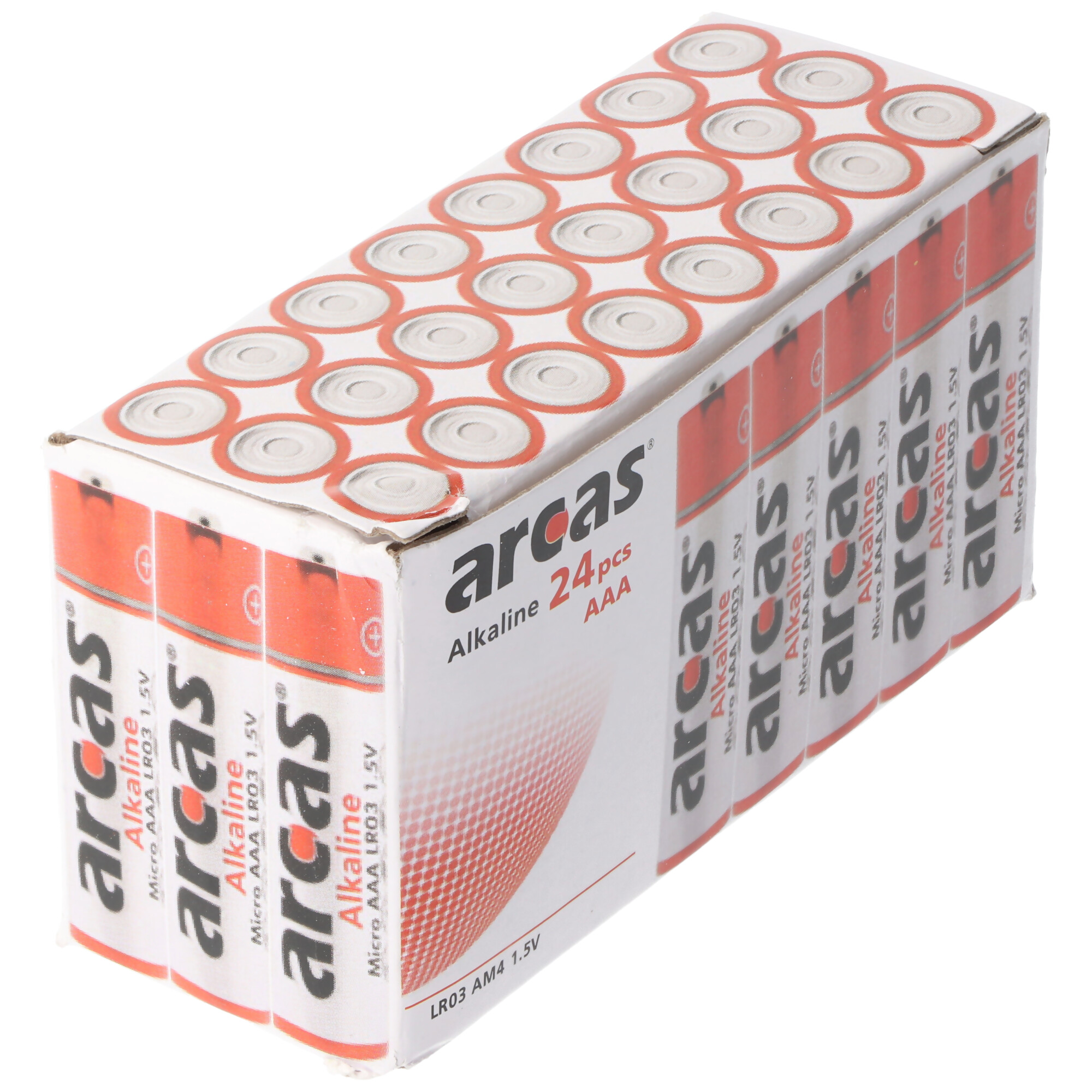 Eine Packung mit 24 AAA-Alkalibatterien von Arcas mit der Aufschrift 'Micro AAA LR03 1.5V'.