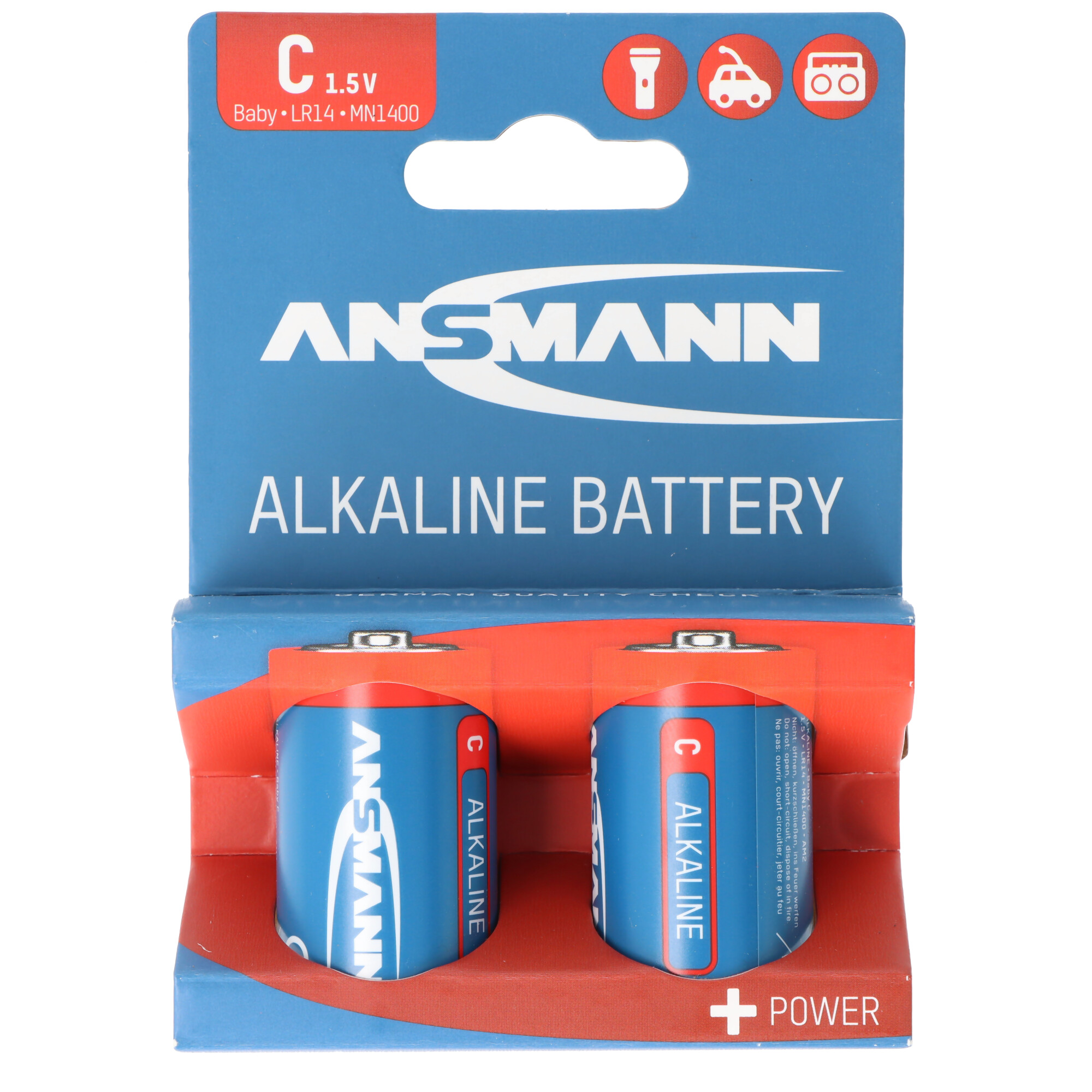 Verpackung mit zwei ANSMANN C-Alkaline-Batterien, 1,5V.