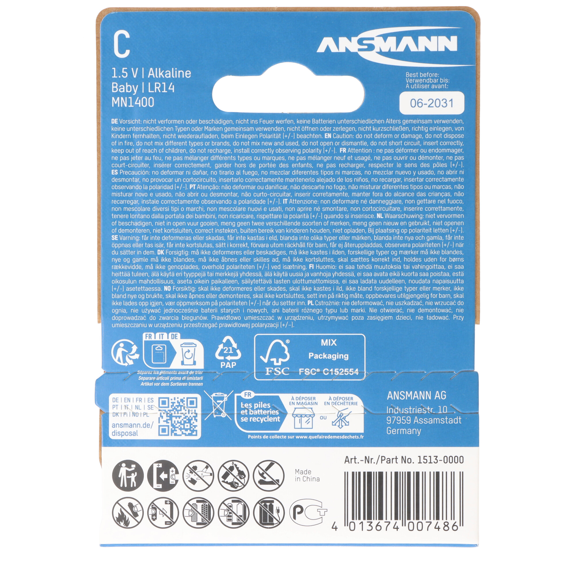 Ansmann C 1.5V Alkaline LR14 MN1400 Batterie mit Haltbarkeitsdatum 06-2031.