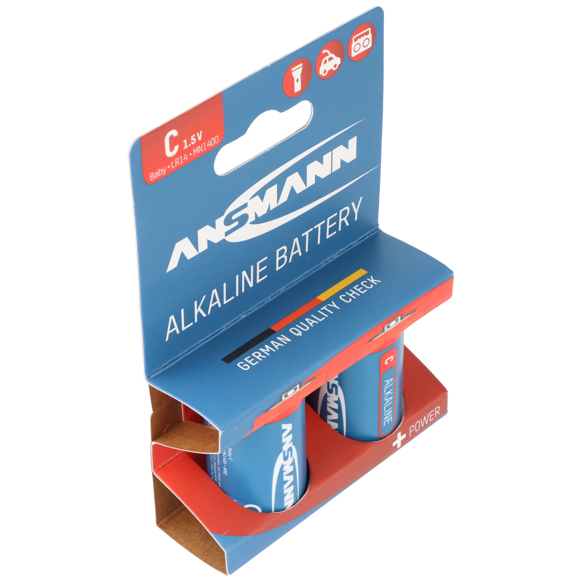 Zwei C-Alkalibatterien von Ansmann in blauer Verpackung mit roten Akzenten.