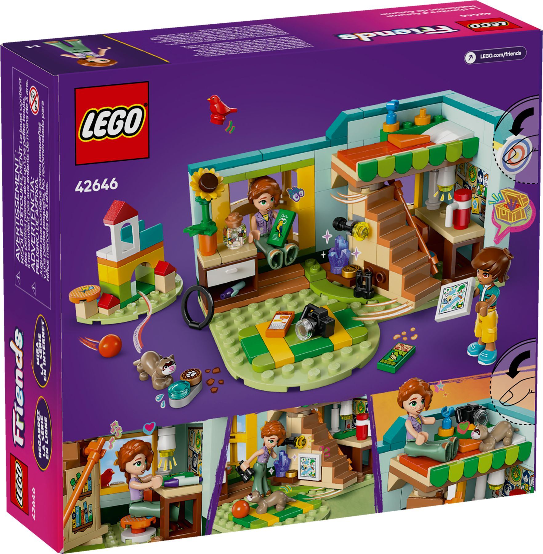LEGO Friends Spielzeugbox mit einer Szene mit zwei Figuren, einem Tier und einer kleinen Hütte.