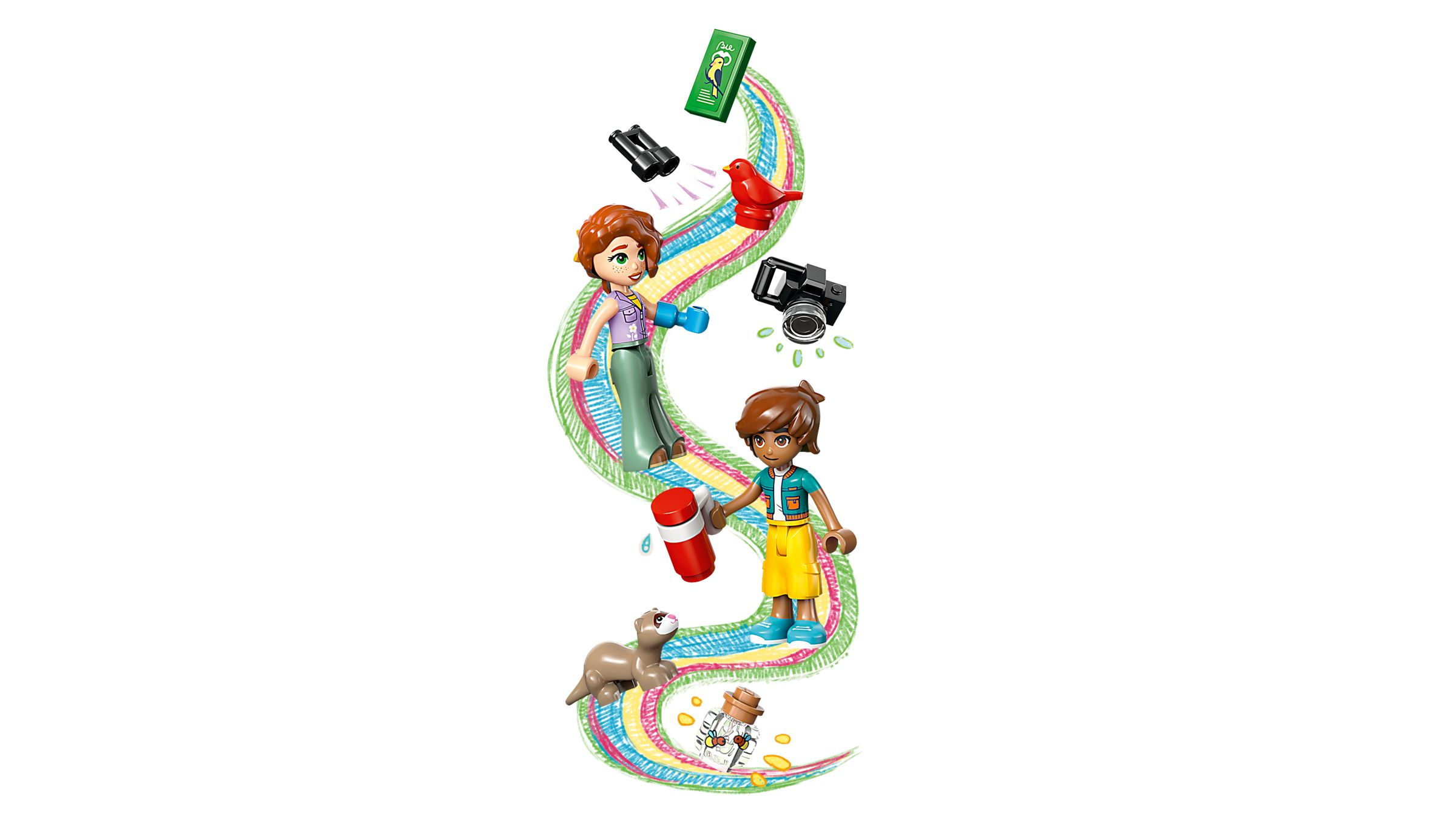 Zwei Lego-Figuren auf einer bunten Spur mit Fernglas, Kamera, Buch und Tier.