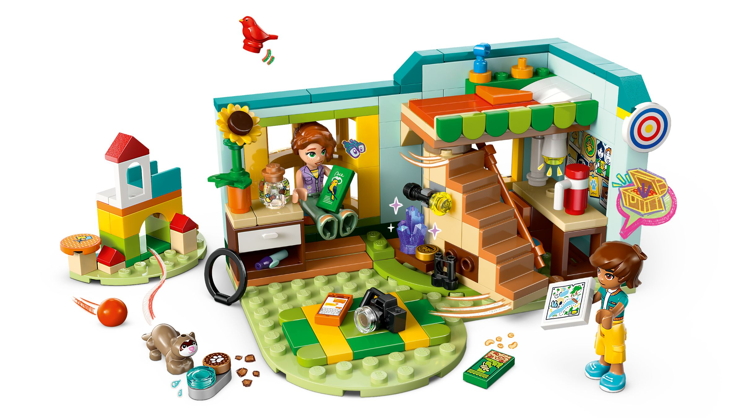 Ein Lego-Spielset mit Figuren, Tieren, einem Haus und Zubehör auf einer grünen Basis.