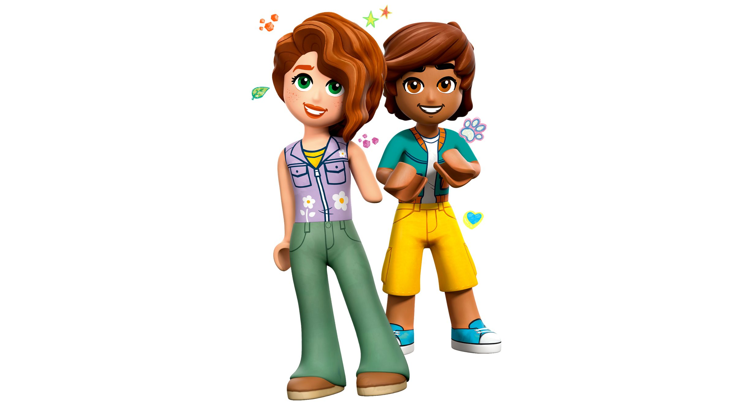 Zwei Lego-Freundinnen stehen nebeneinander, eine mit roten Haaren, die andere mit braunen.