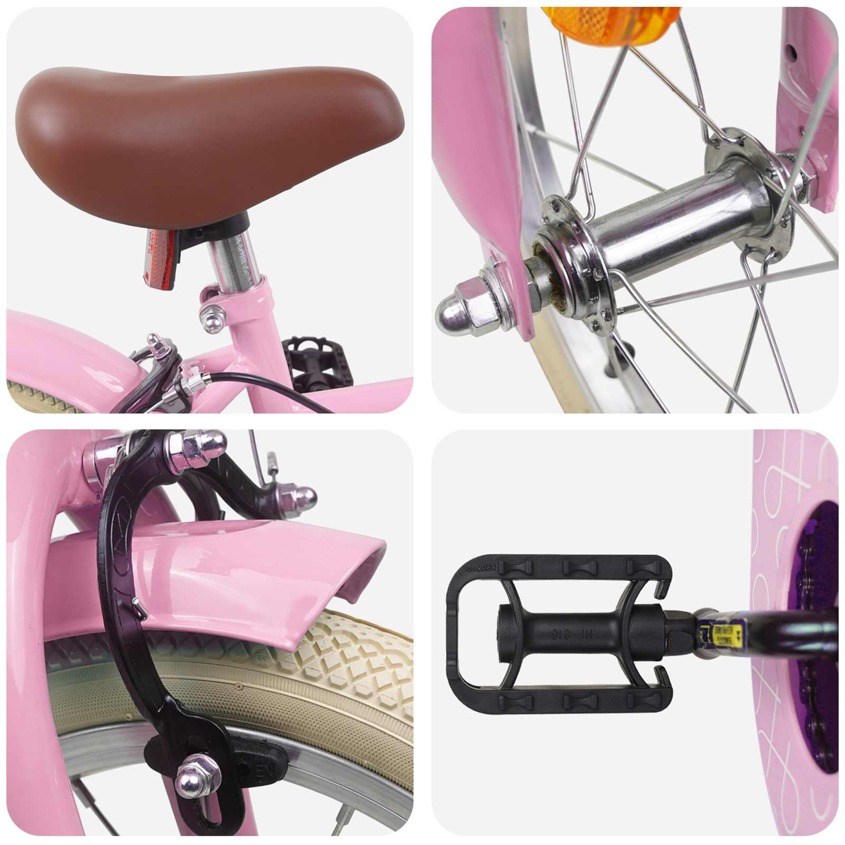Vier Nahaufnahmen eines rosafarbenen Kinderfahrrads: Sattel, Vorderradnabe, Bremse und Pedal.