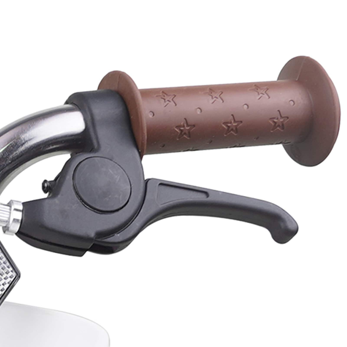 Brauner Fahrradgriff mit Sternen und schwarzem Bremshebel auf Chromlenker.