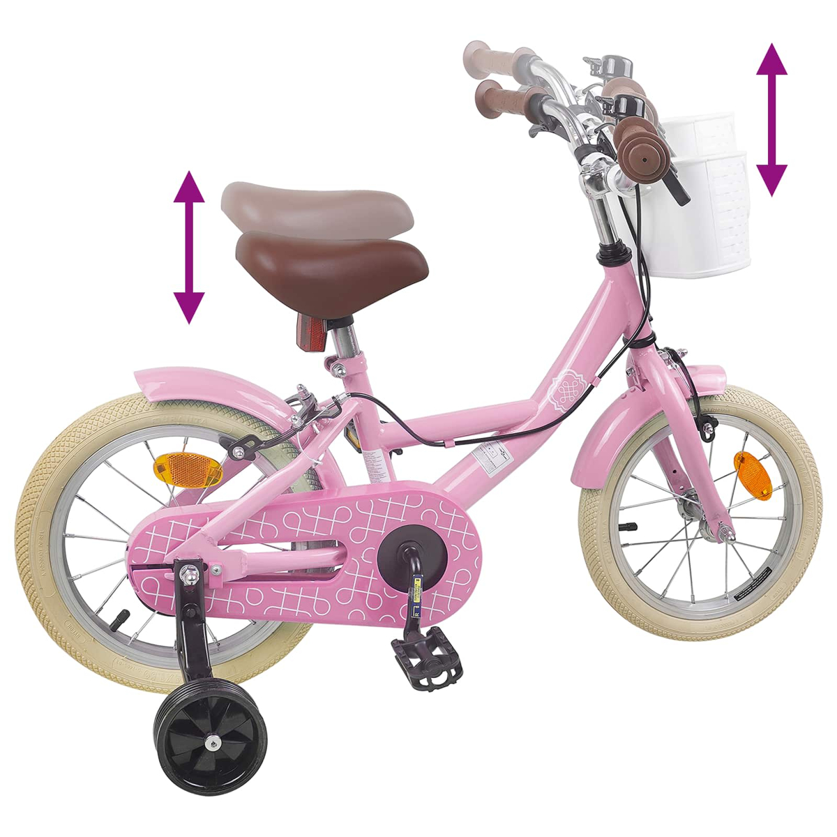Rosa Kinderfahrrad mit Stützrädern und weißem Korb. Sitz und Lenker sind verstellbar.