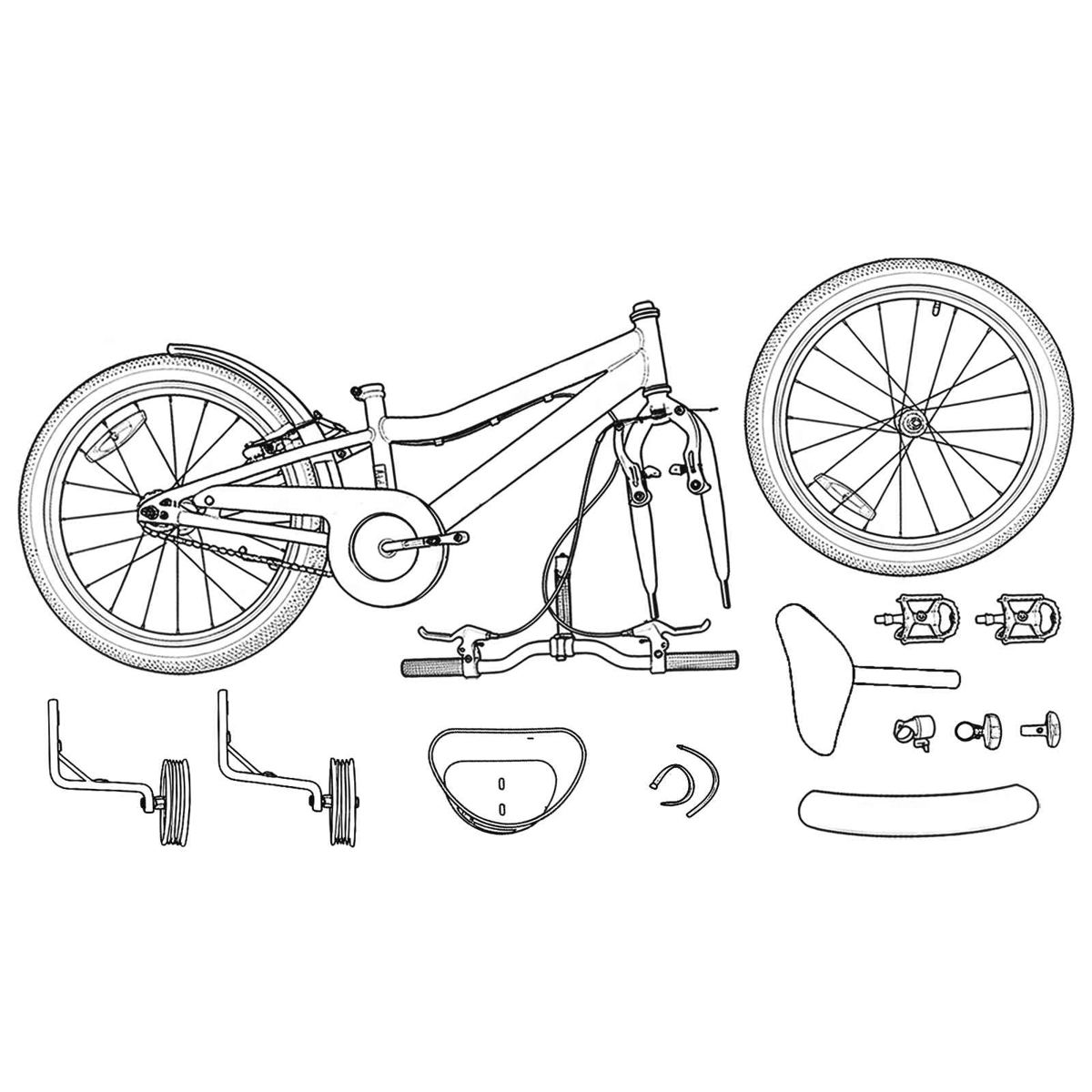 Zerlegte Fahrradteile: Rahmen, Räder, Lenker, Pedale, Sattel, Stützräder.