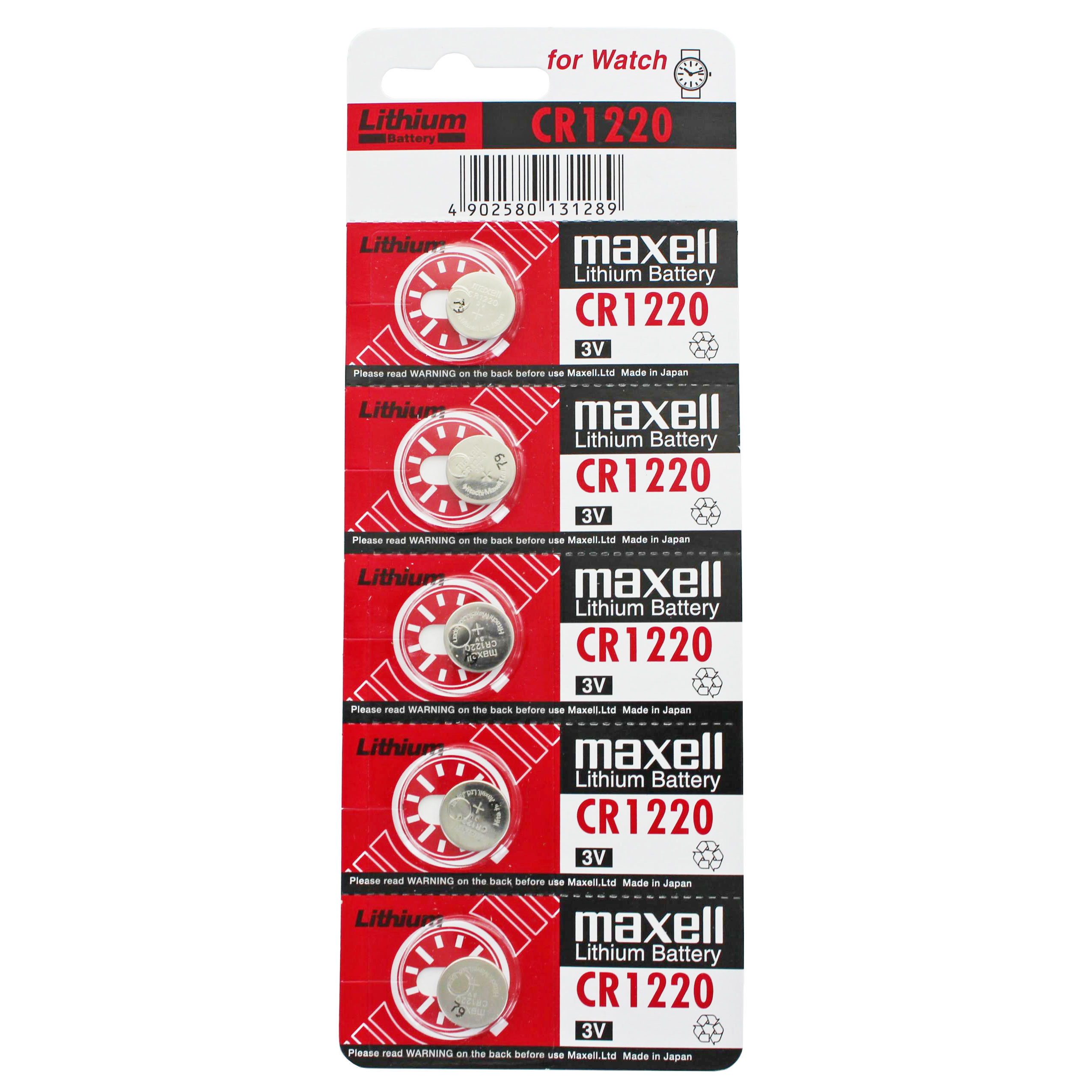 Verpackung mit fünf Maxell CR1220 Lithium-Knopfzellenbatterien für Uhren.