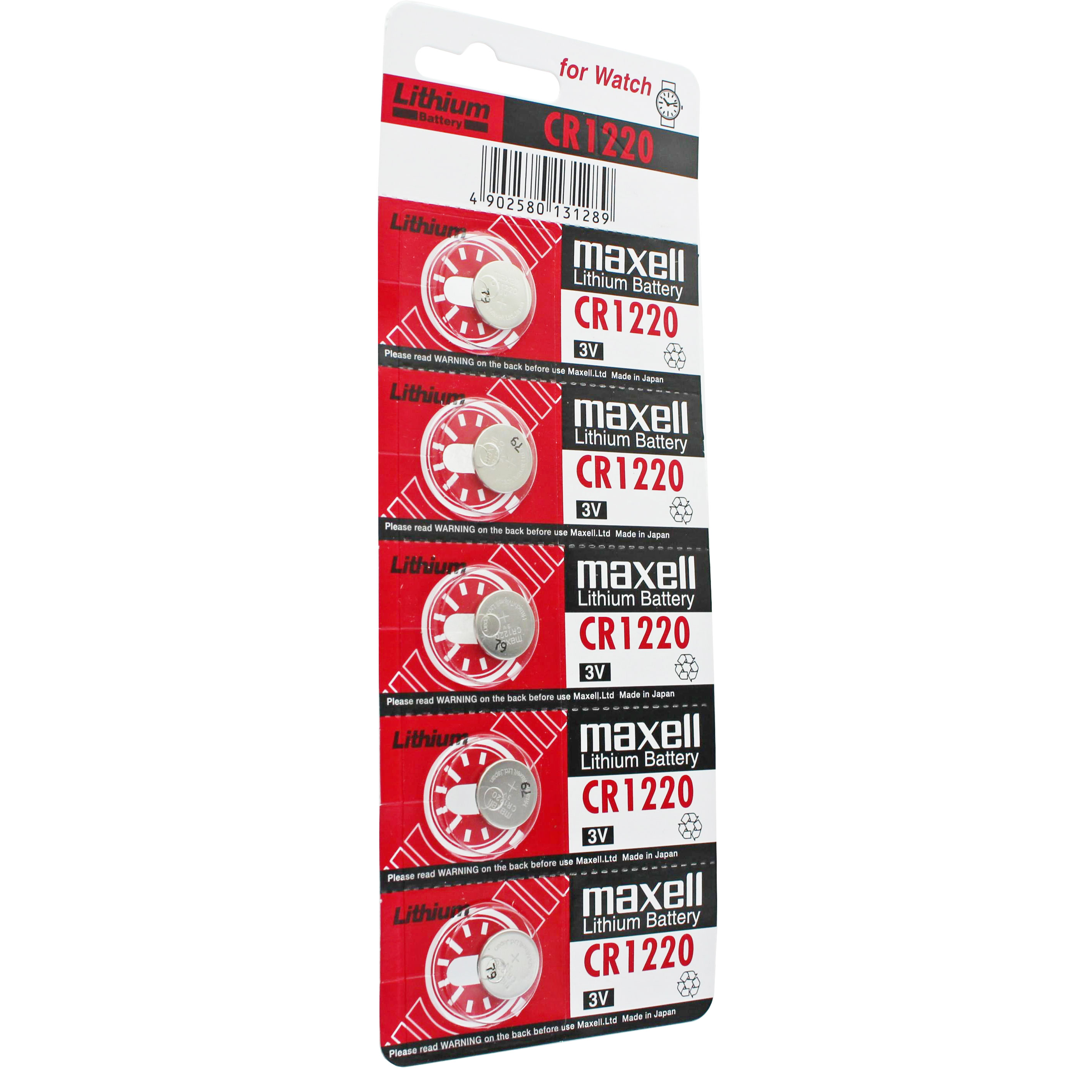 Verpackung mit sechs Maxell CR1220 Lithiumbatterien für Uhren.