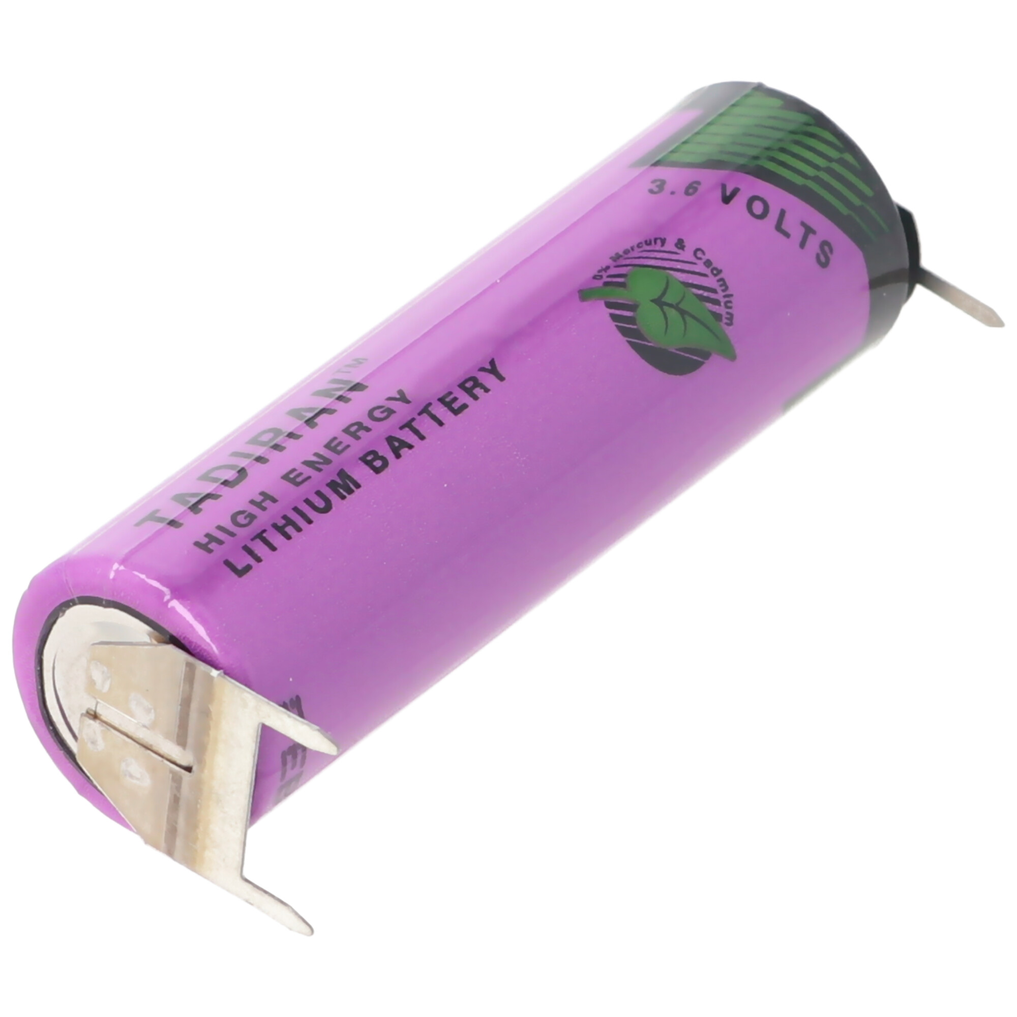 Eine lila Tadiran 3,6-Volt-Lithiumbatterie mit Metallkontakten und einem Blattlogo.