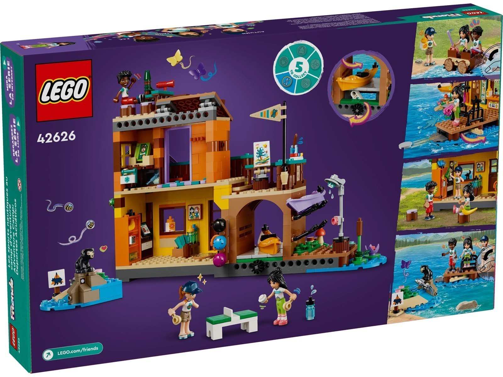 Lego Friends Spielzeug mit Figuren und einem Haus am Wasser.