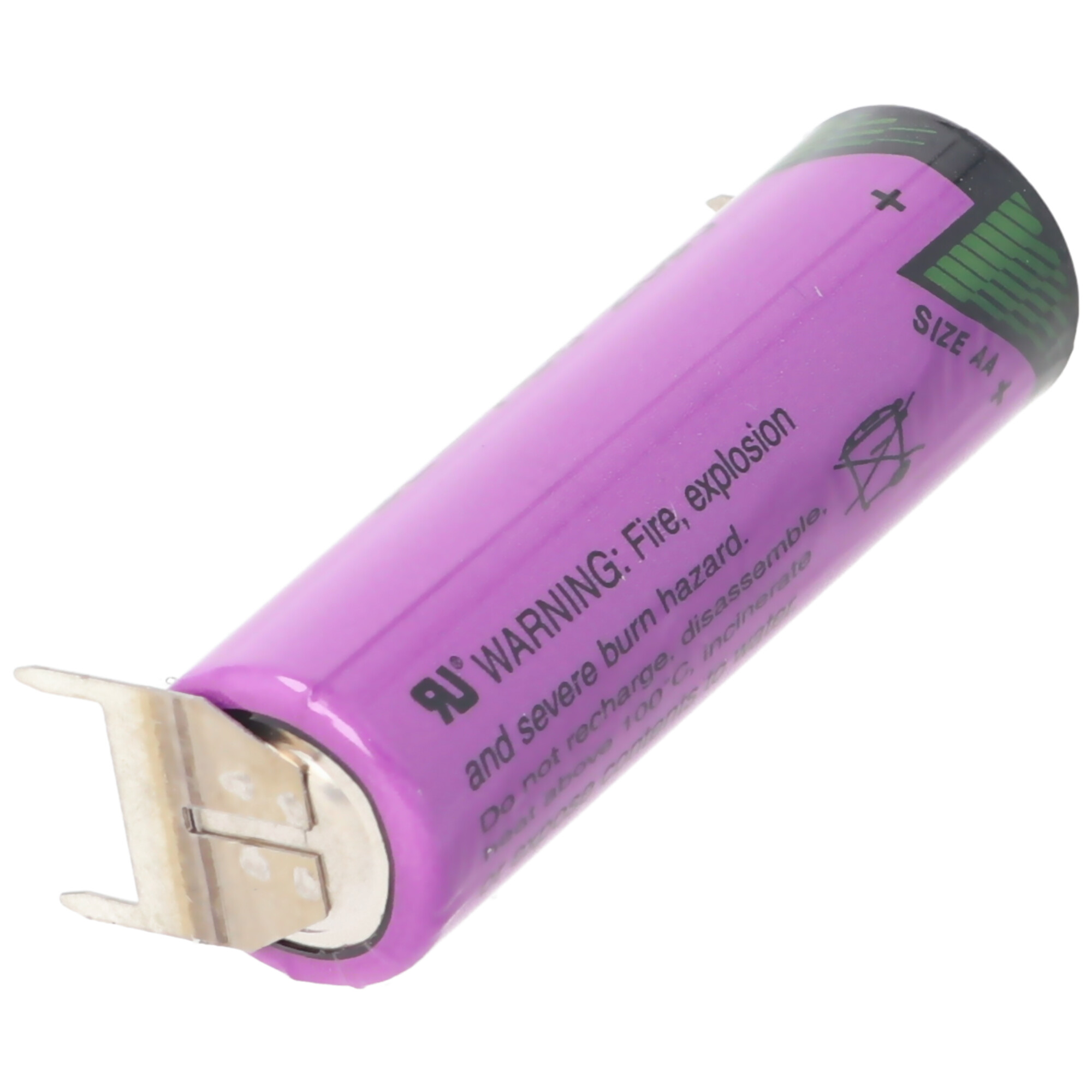 Eine lila AA-Batterie mit Warnhinweisen und Metallanschlüssen.
