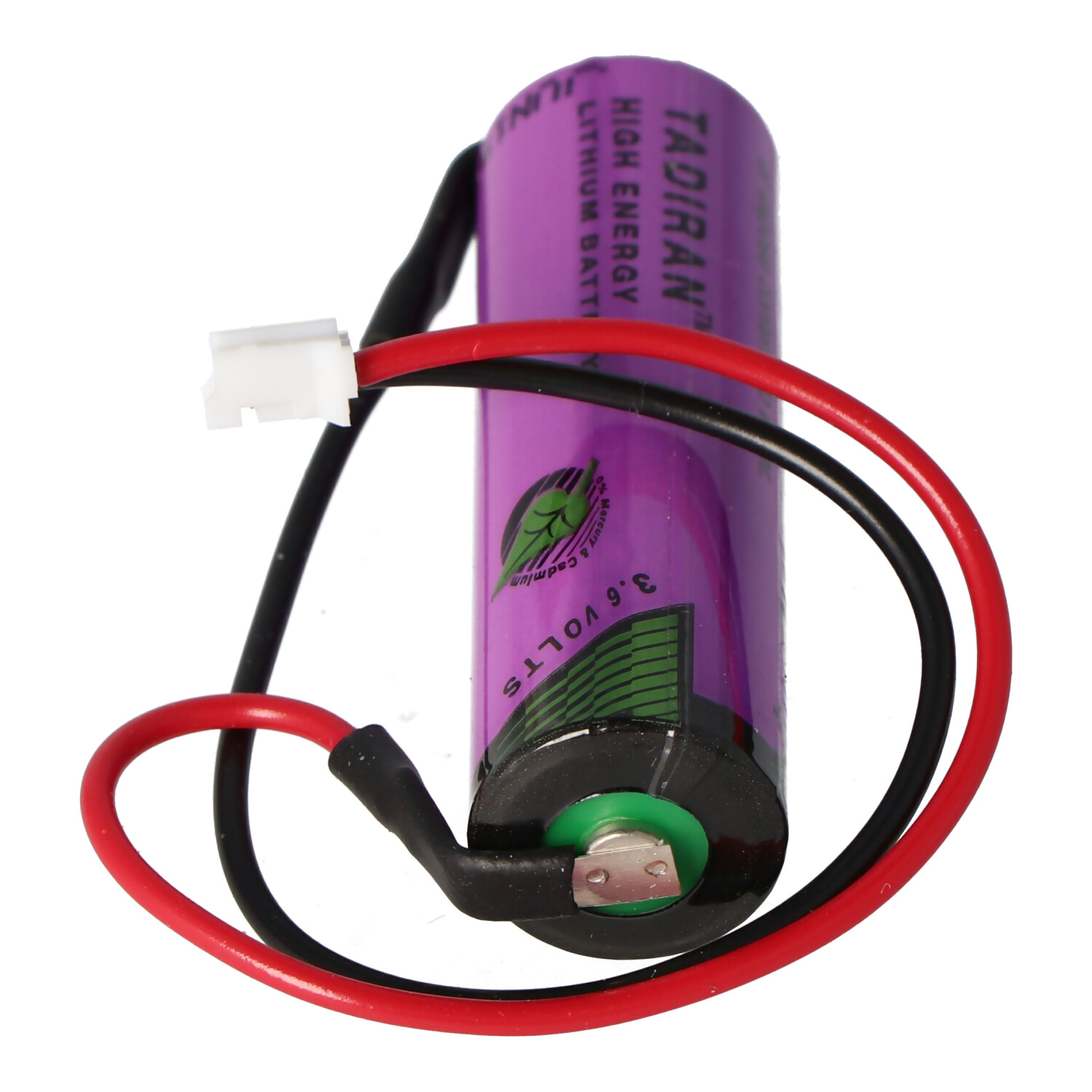 Lila Tadiran Lithium-Batterie mit Kabeln und weißem Stecker.