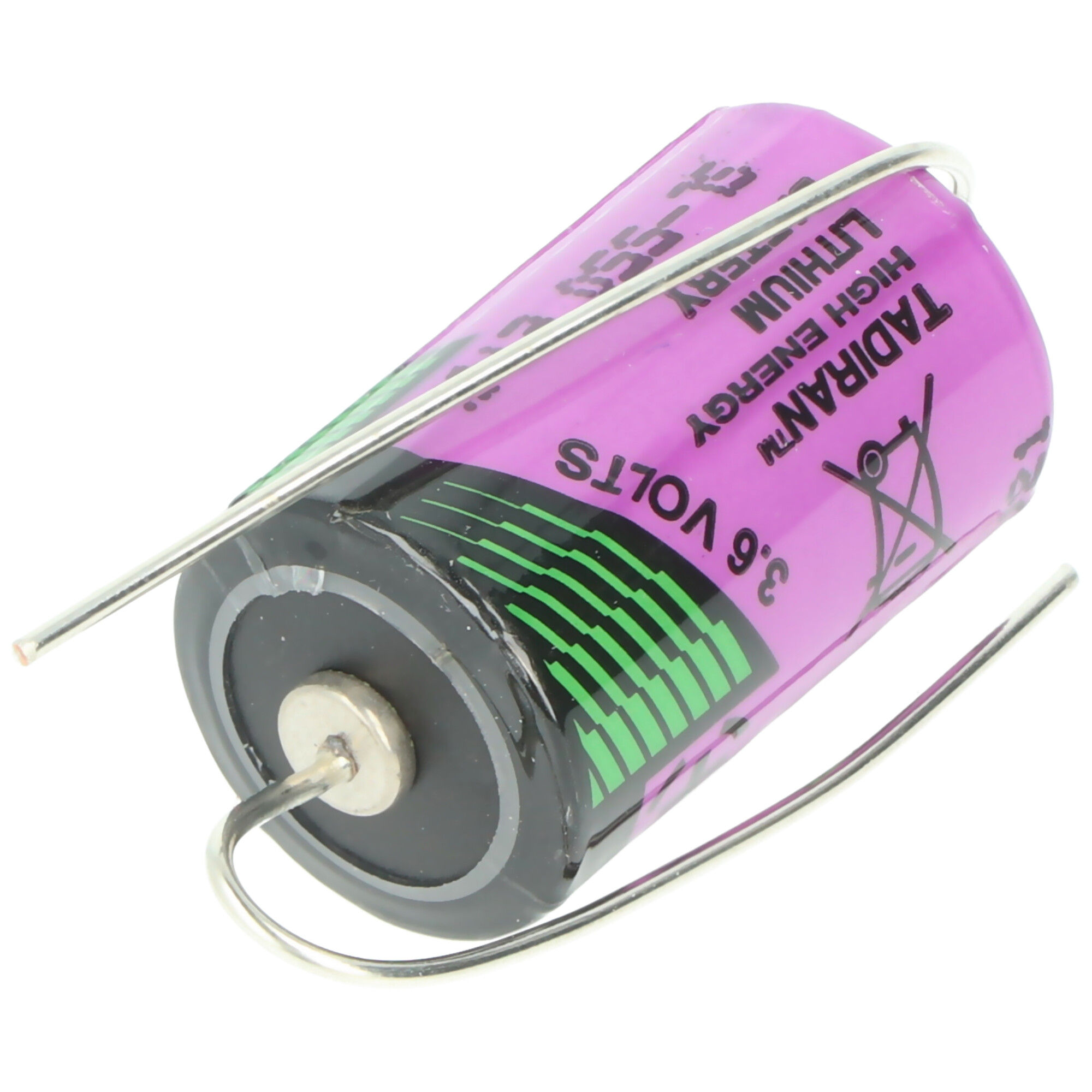 Lila Tadiran Lithium Batterie mit 3,6 Volt, gehalten von Draht.
