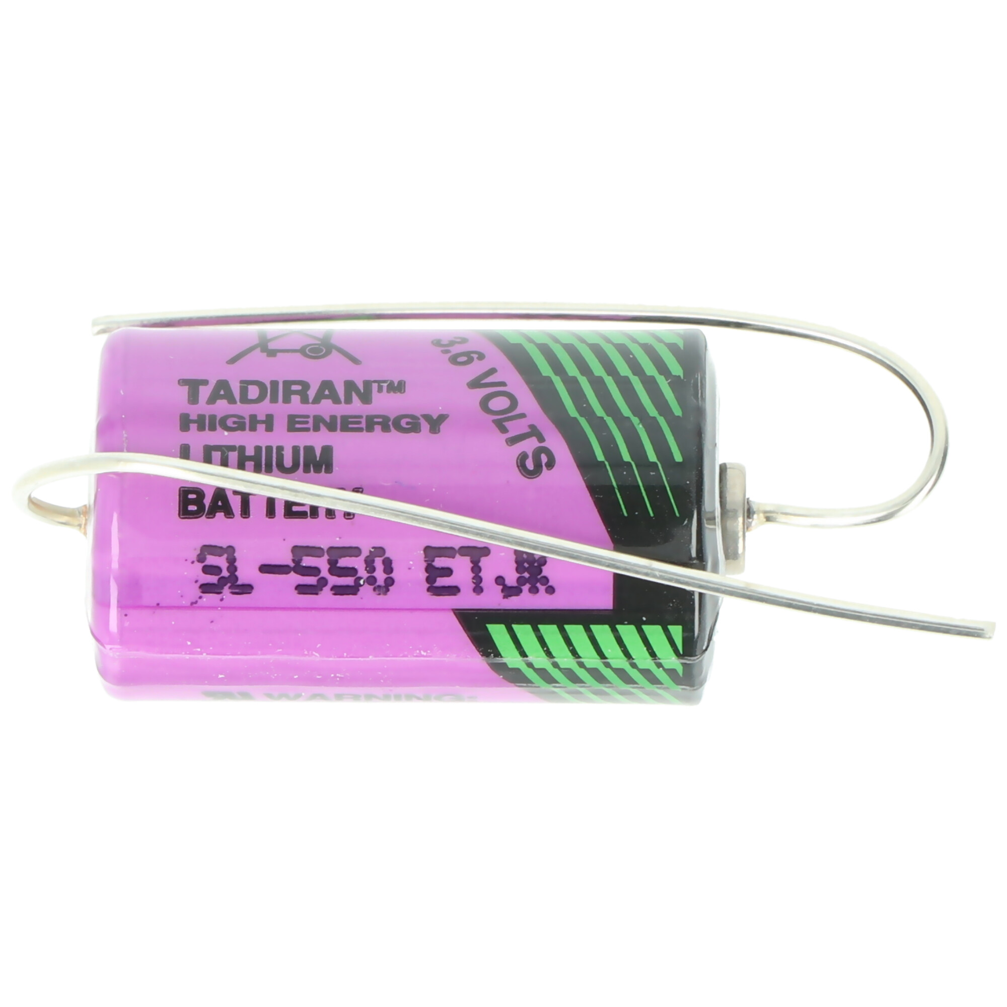 Lila Tadiran Lithium Batterie, 3,6 Volt, mit zwei silbernen Drähten.