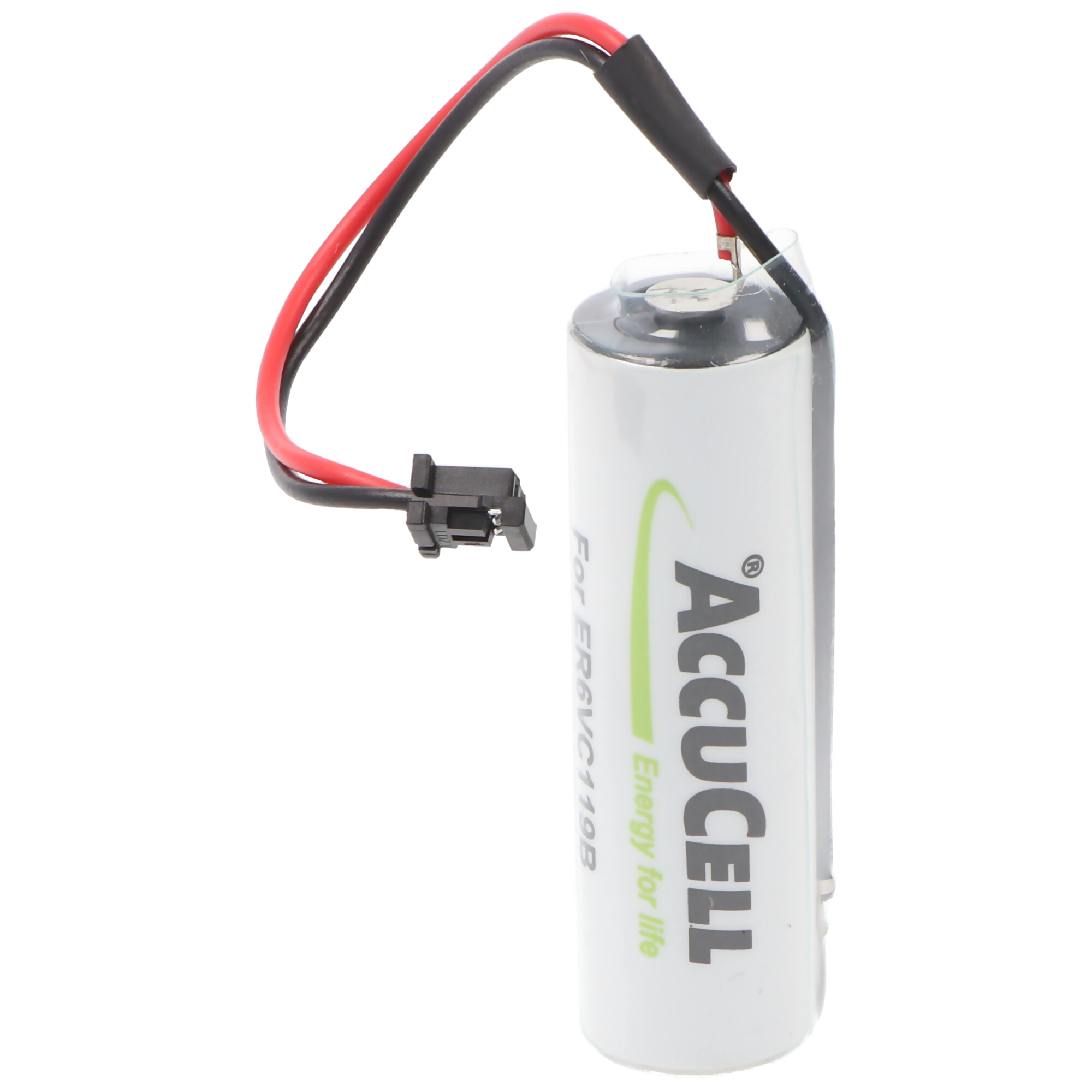Batteria bianca con fili rosso e nero, un connettore e il logo Accucell.