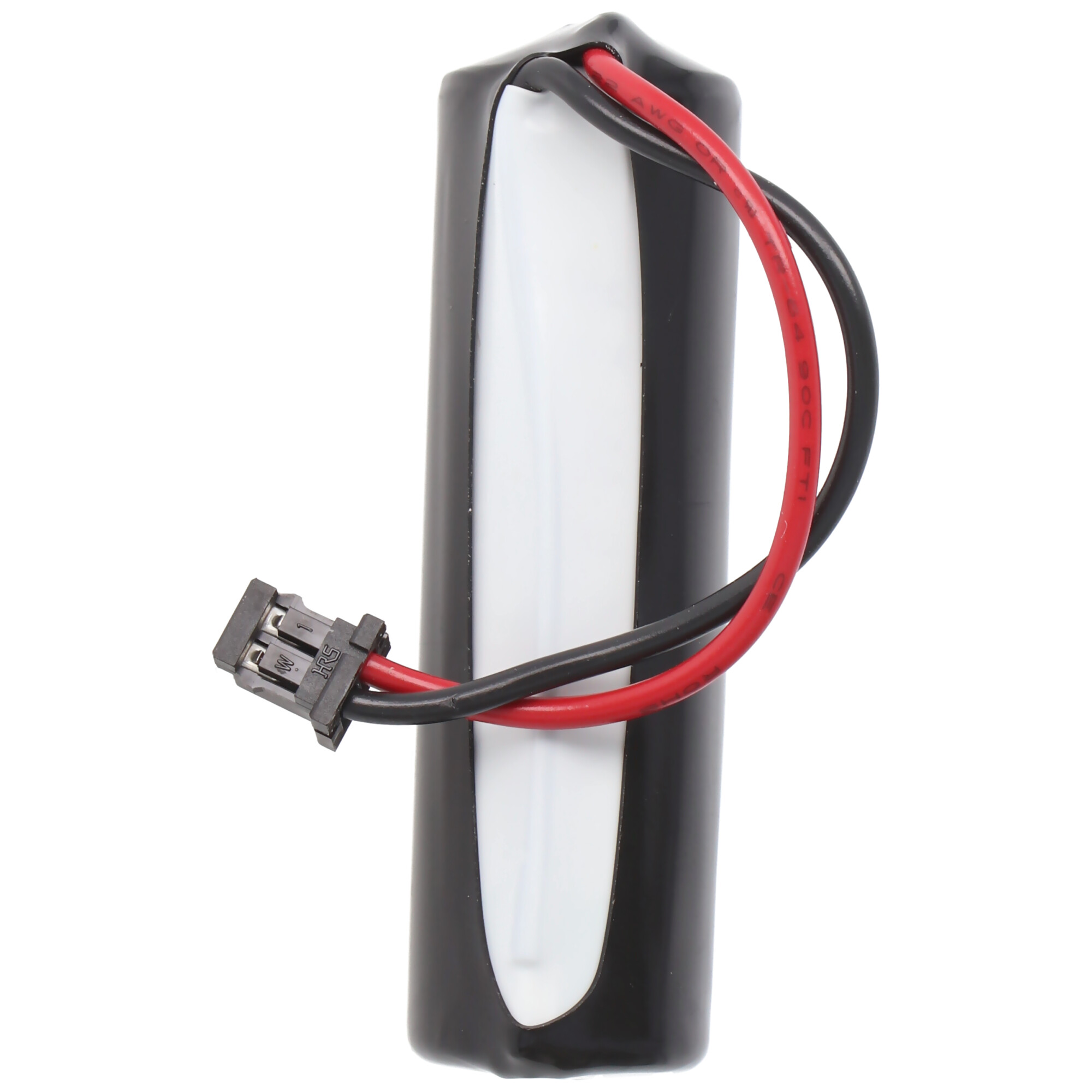 Un pacco batteria bianco e nero con fili rosso e nero e un connettore nero.