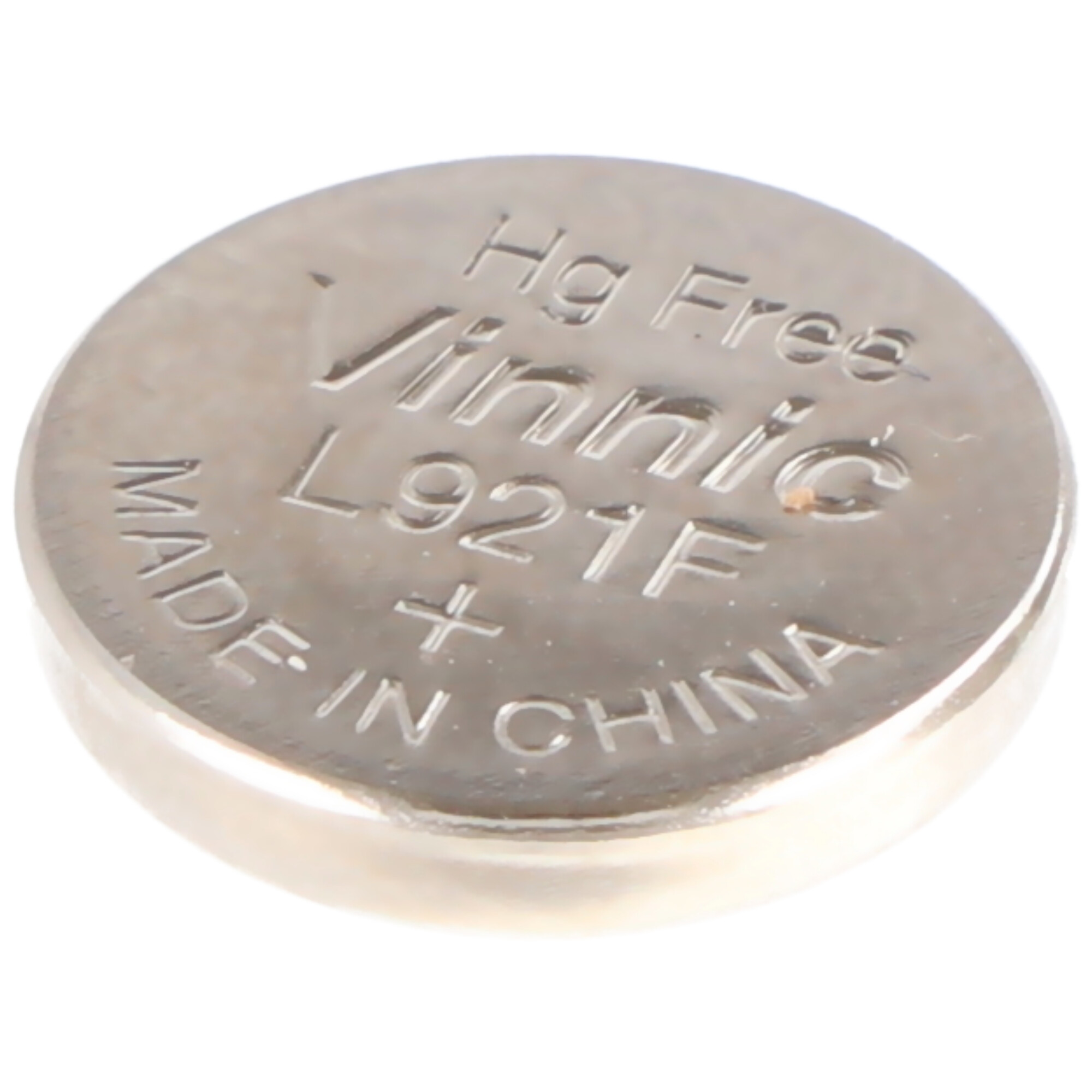 Eine silberne Knopfzelle mit der Aufschrift Vinnic L921F Hg Free.