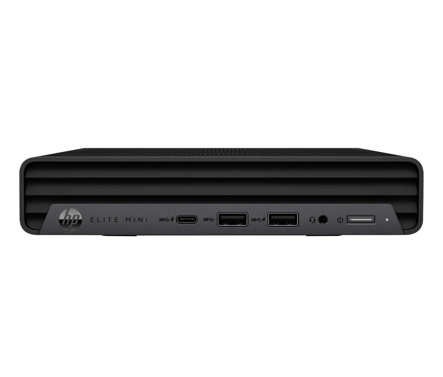 Computer nero HP Elite Mini con porte frontali: USB, cuffie, alimentazione.
