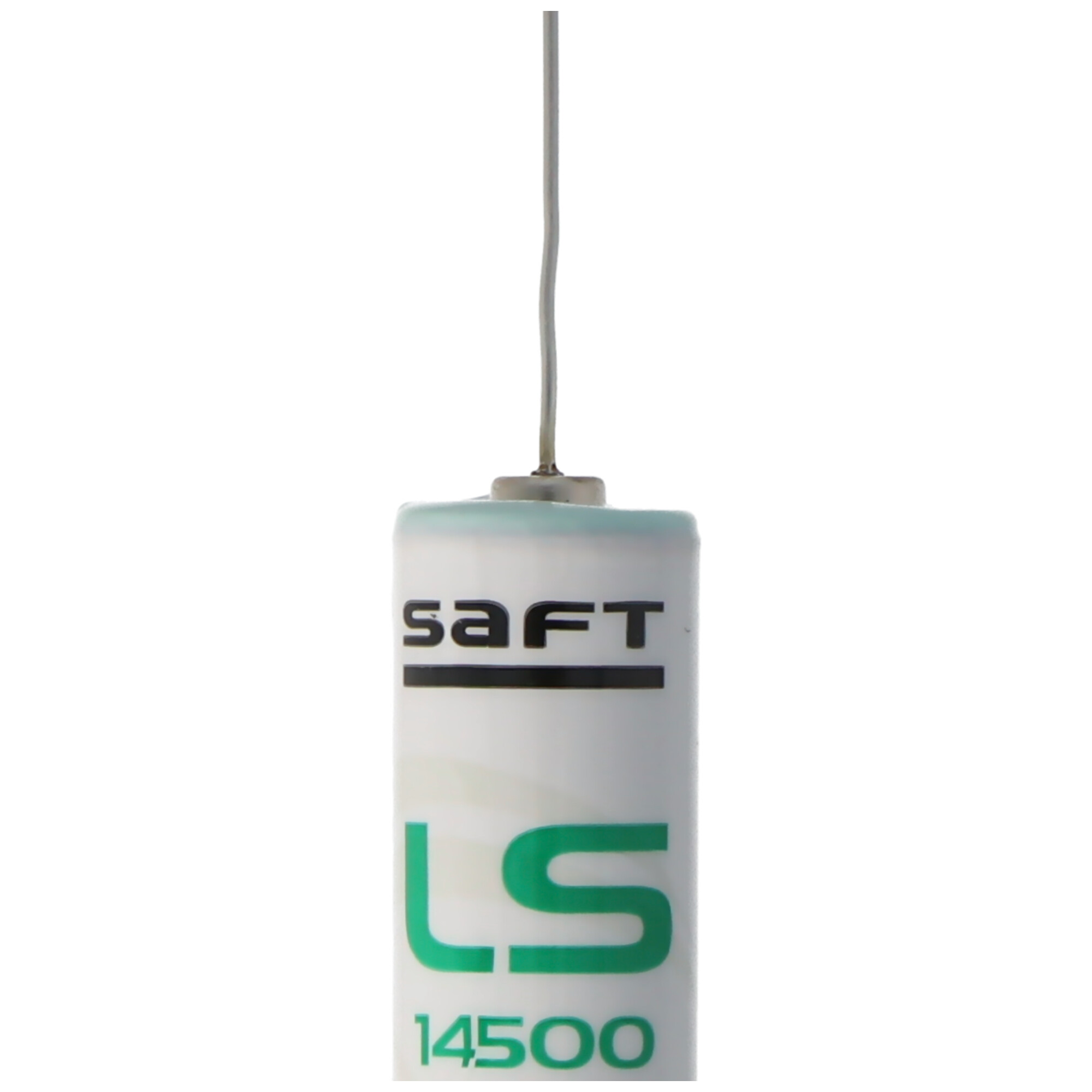 Batteria bianca con stampa nera 'SAFT' e verde 'LS 14500'.