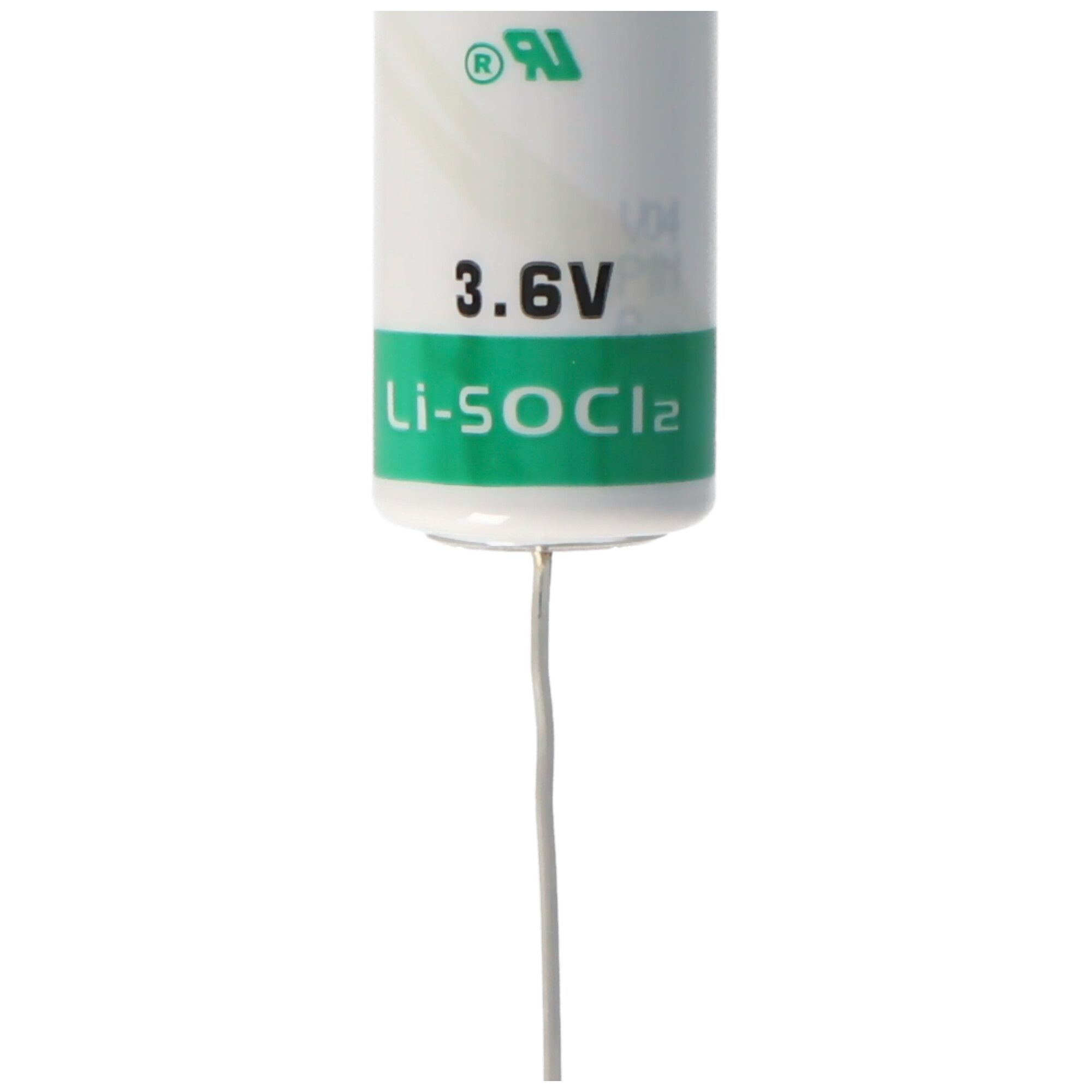 Un cilindro bianco con marchio verde, 3,6V Li-SOCl2 e un filo.