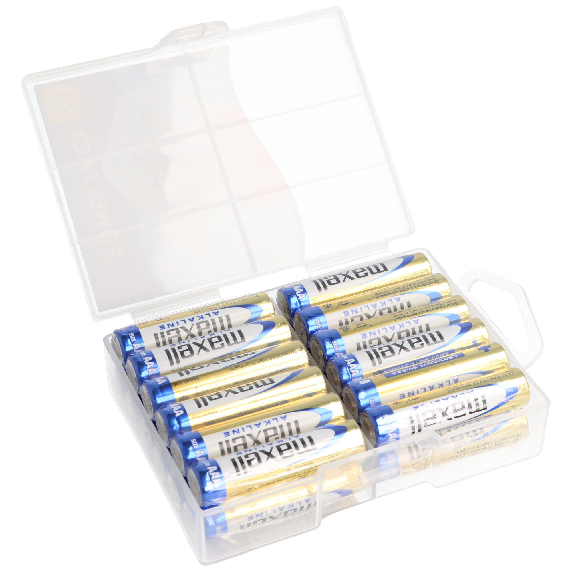 Ein durchsichtiger Plastikkasten enthält viele goldene und blaue AAA Maxell Alkaline Batterien.
