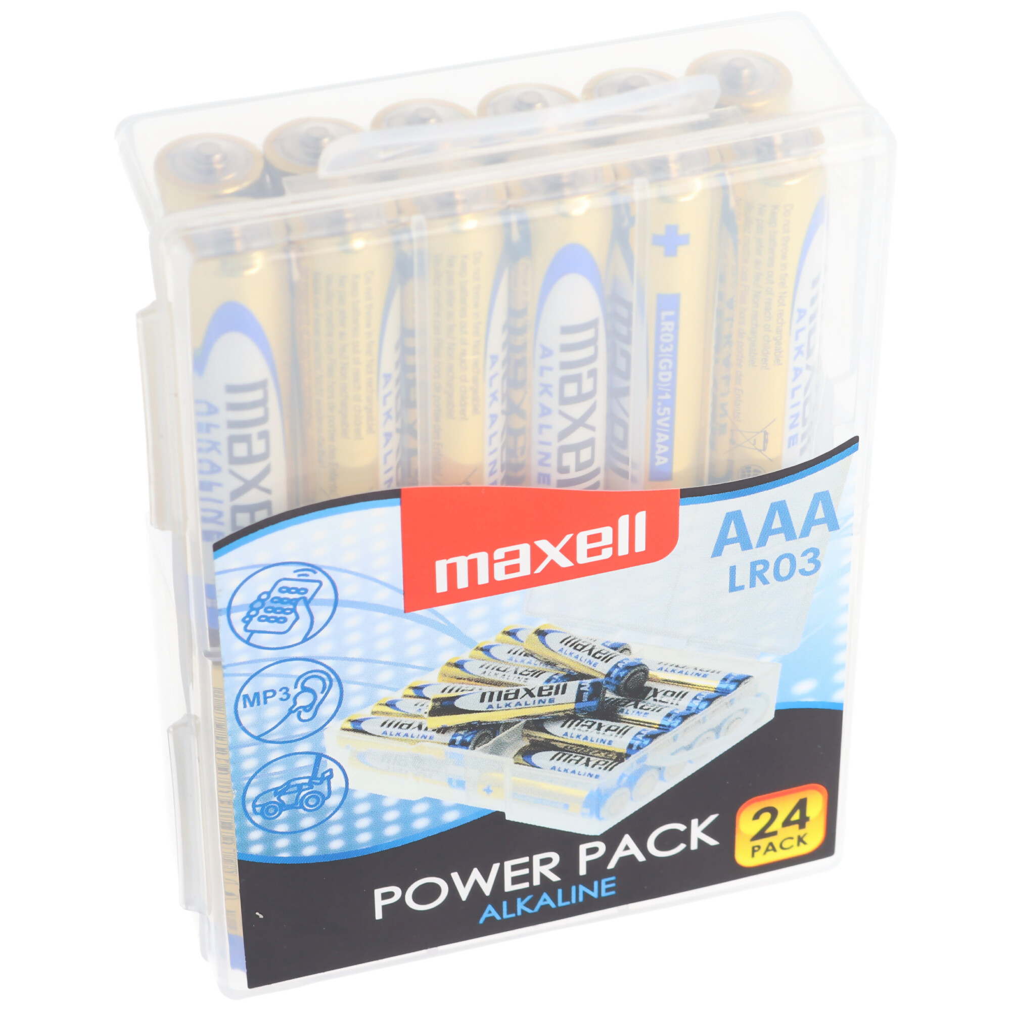 Maxell AAA LR03 Alkaline Batterien im 24er Pack in durchsichtiger Hülle.
