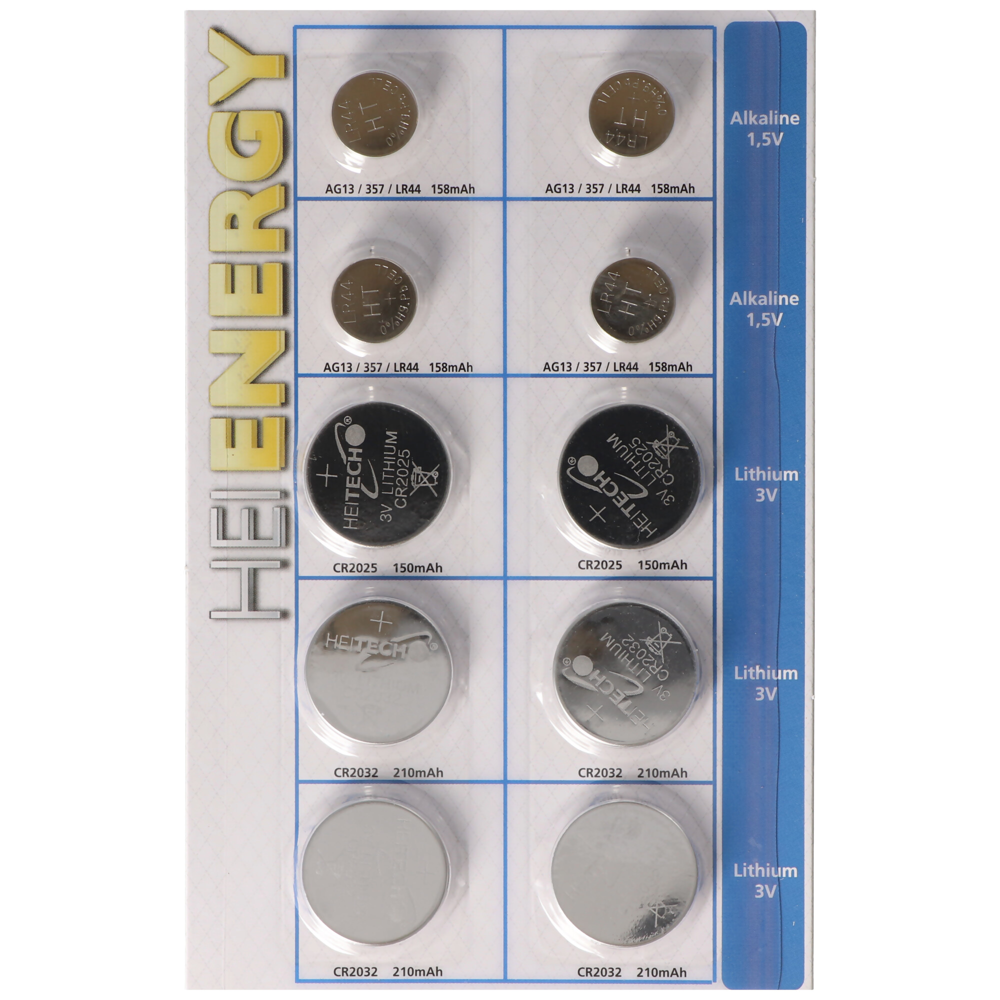 Verpackung mit verschiedenen Knopfzellenbatterien: Alkaline 1,5V und Lithium 3V.