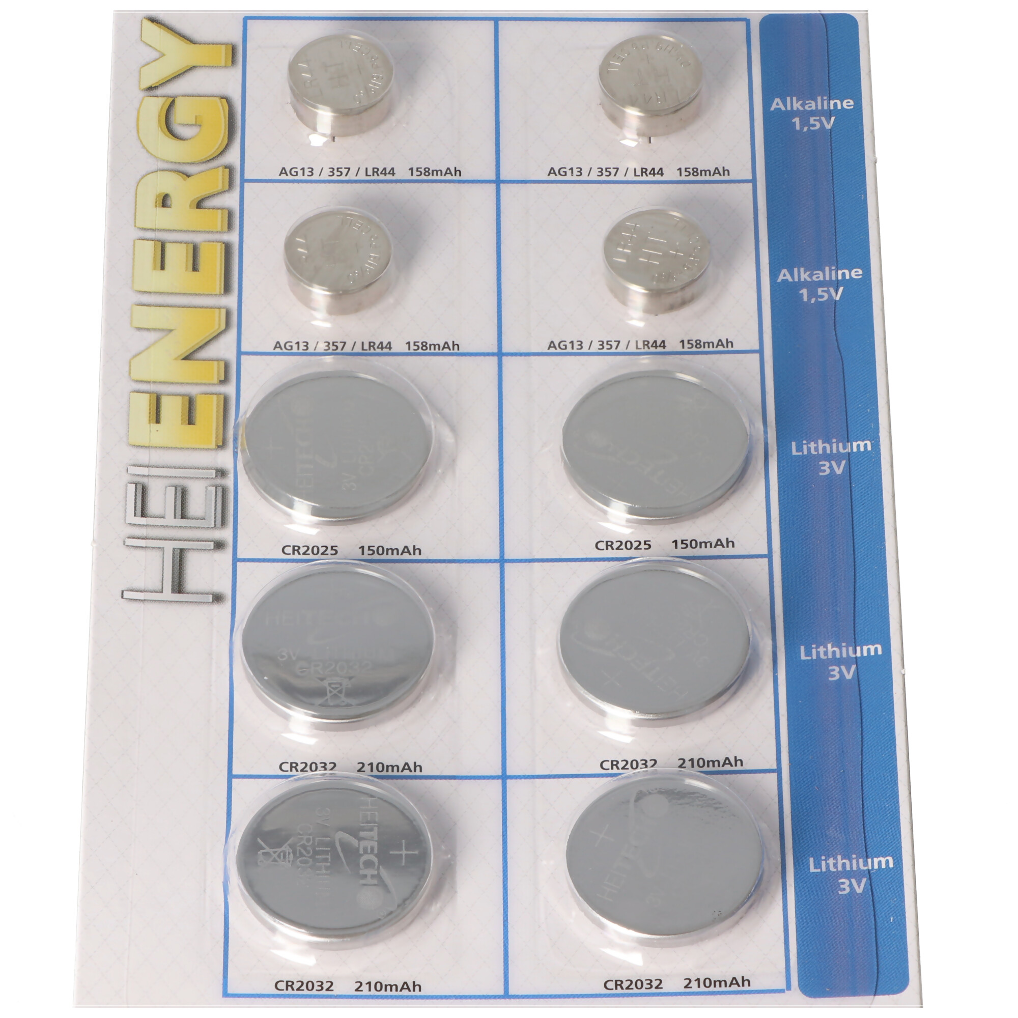 Verpackung mit Knopfzellenbatterien: Alkaline 1,5V und Lithium 3V.