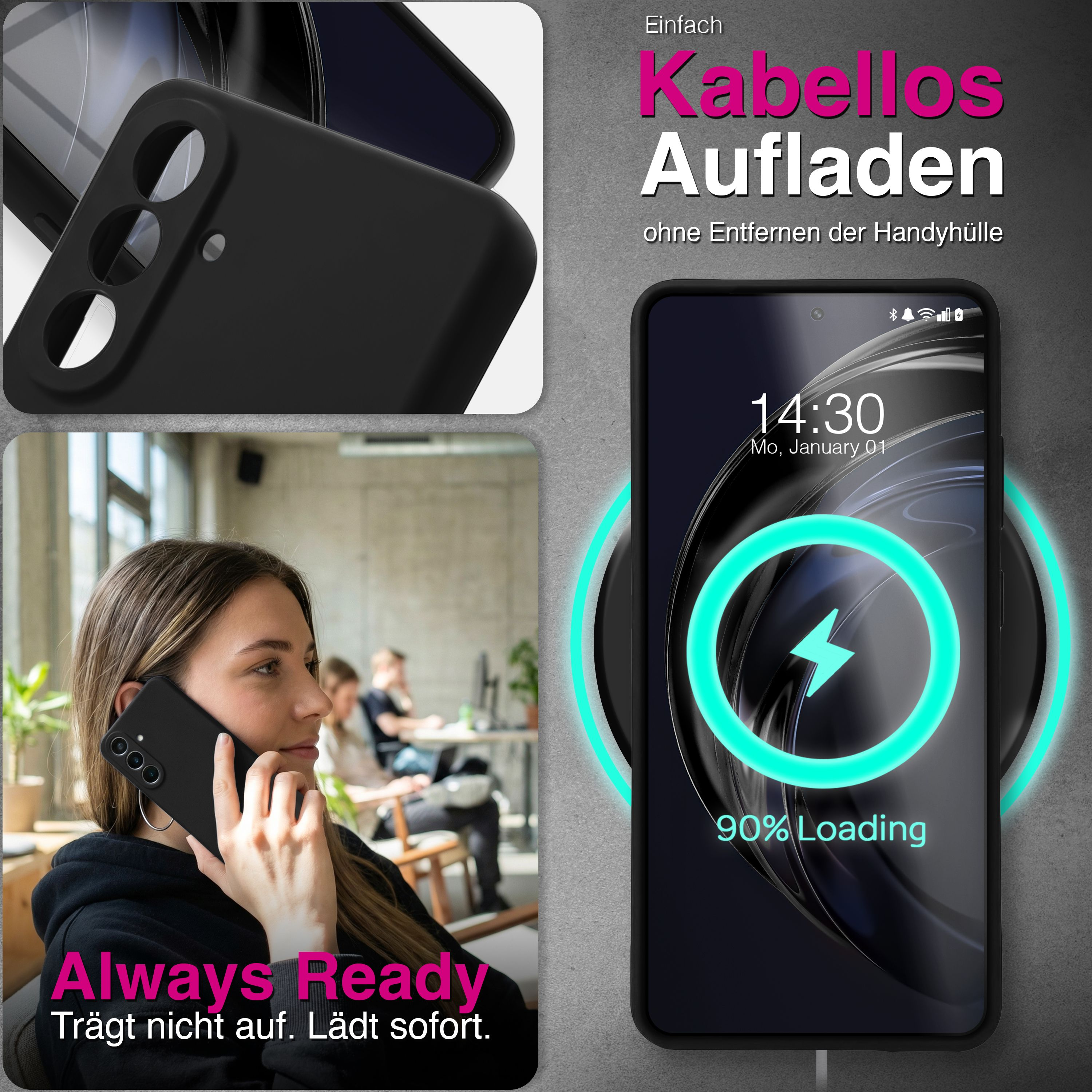 Smartphone wird kabellos mit 90% geladen. Eine Frau telefoniert.