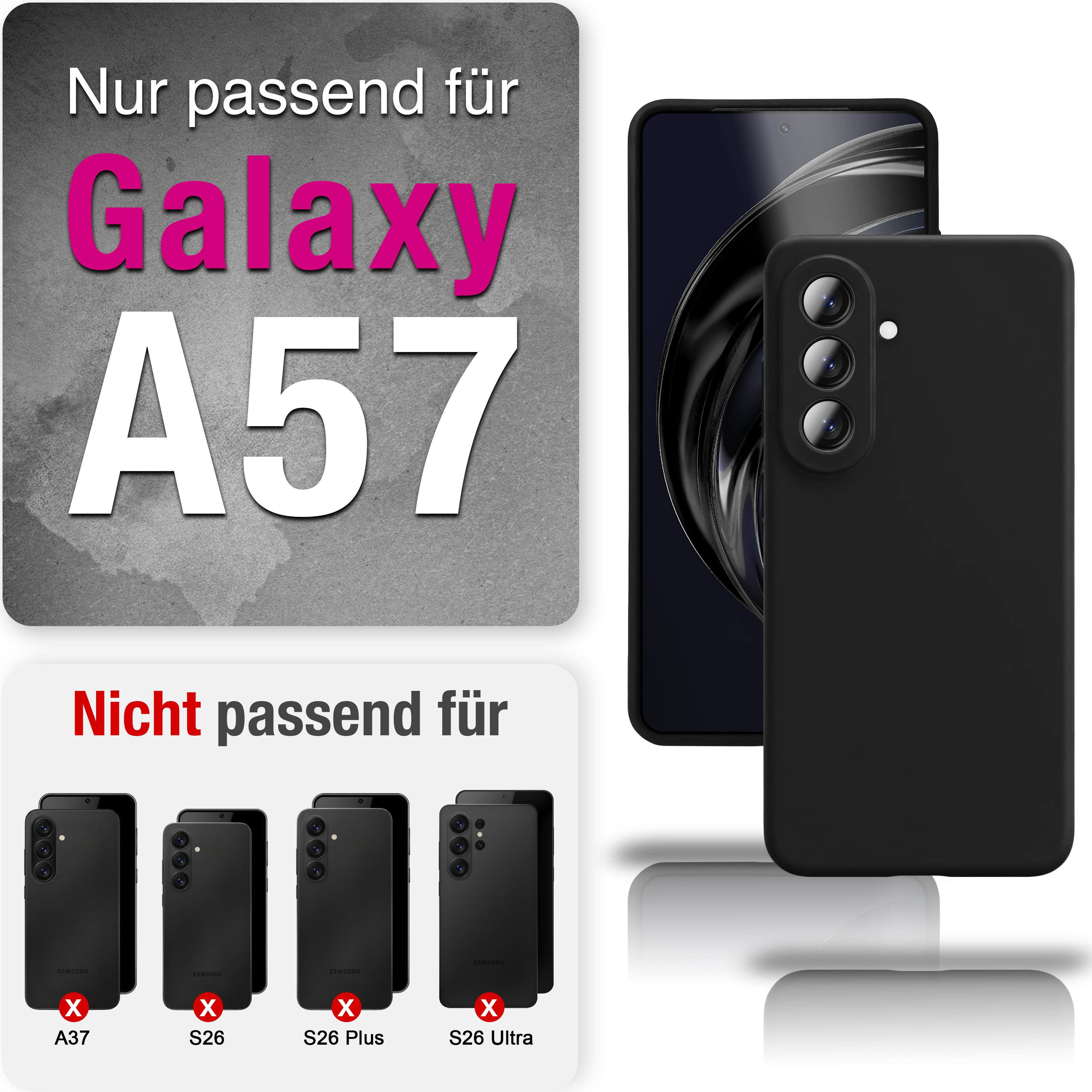 Schwarze Handyhülle für Samsung Galaxy A57, nicht passend für A37, S26, S26 Plus, S26 Ultra.