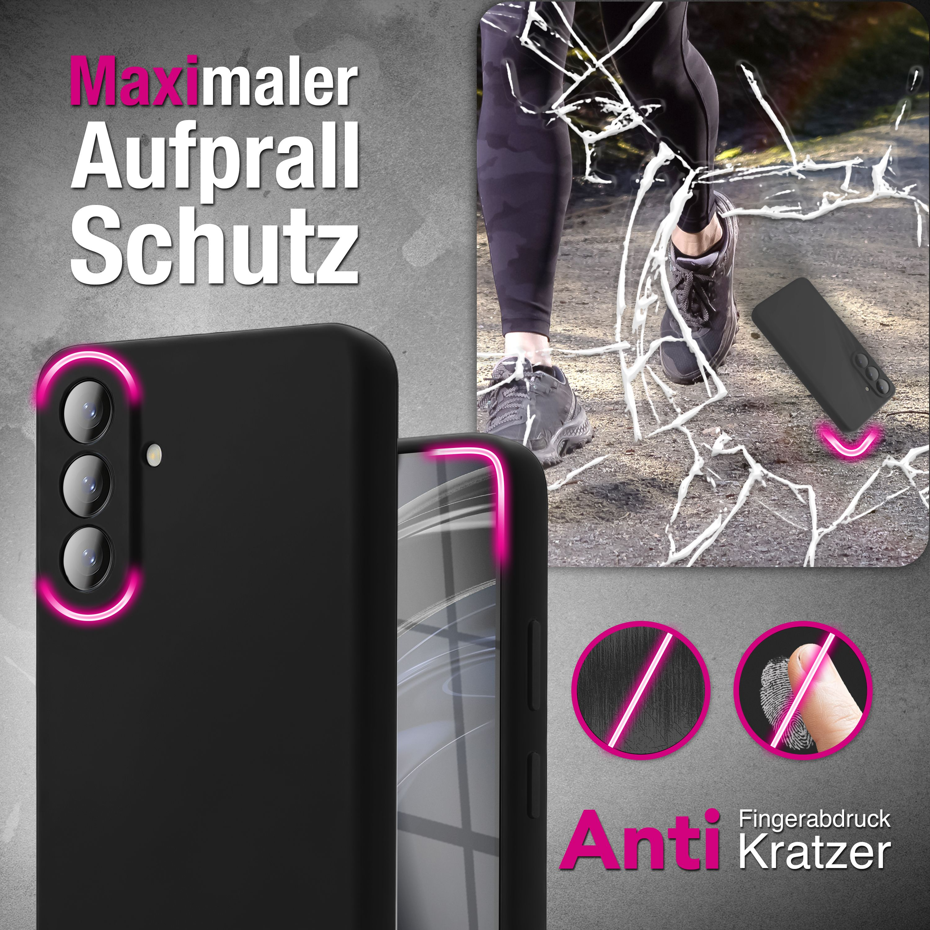 Schwarze Handyhülle mit Aufprallschutz und Fingerabdruck-Schutz-Symbolen.