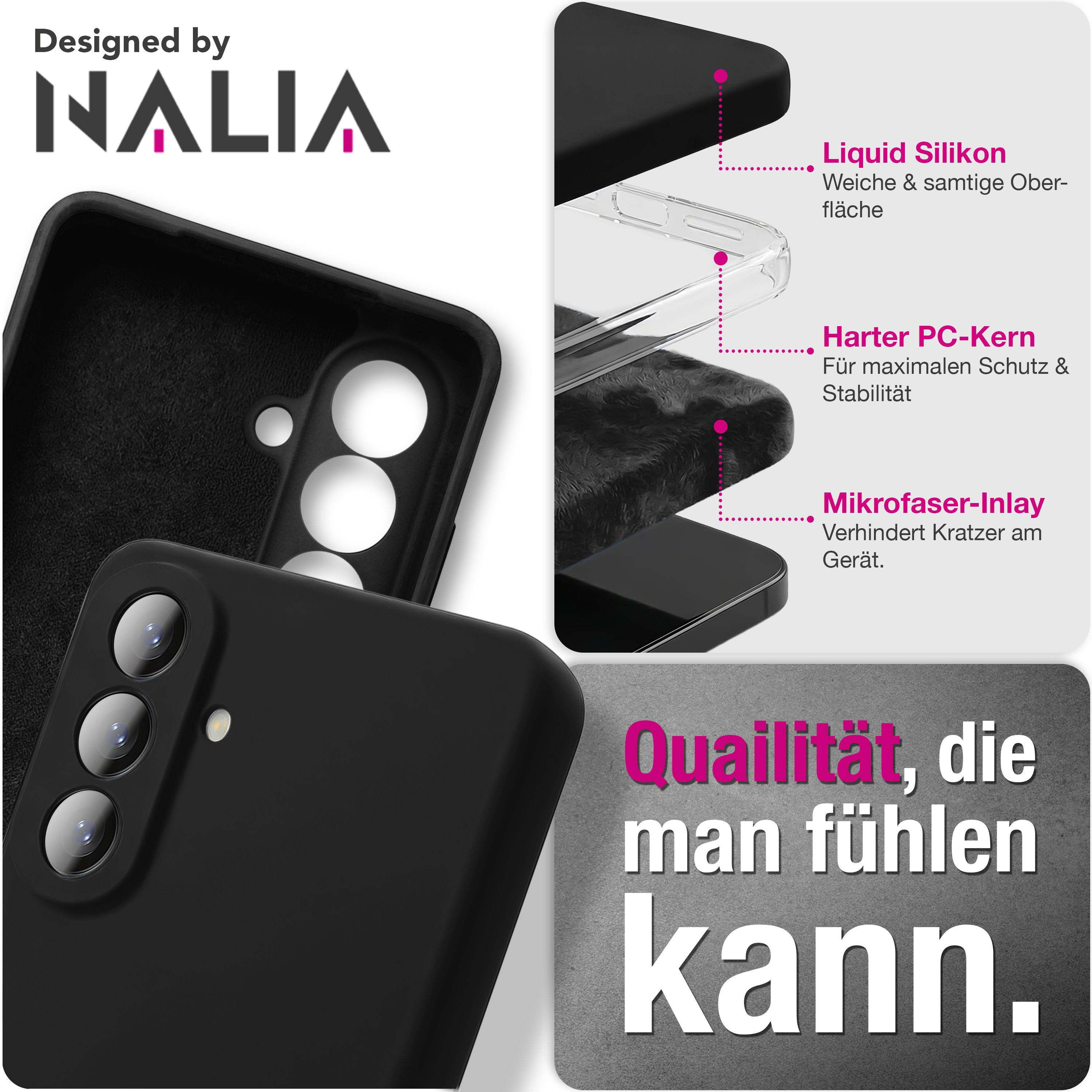 Schwarze Handyhülle mit Details zu Material und Marke NALIA.