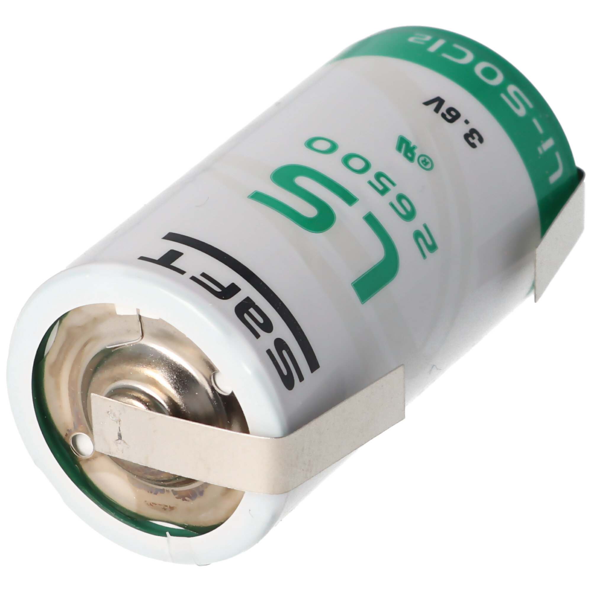 Weiße Batterie mit grünen Markierungen, zeigt 3,6V, Li-SOCl2 und Saft.