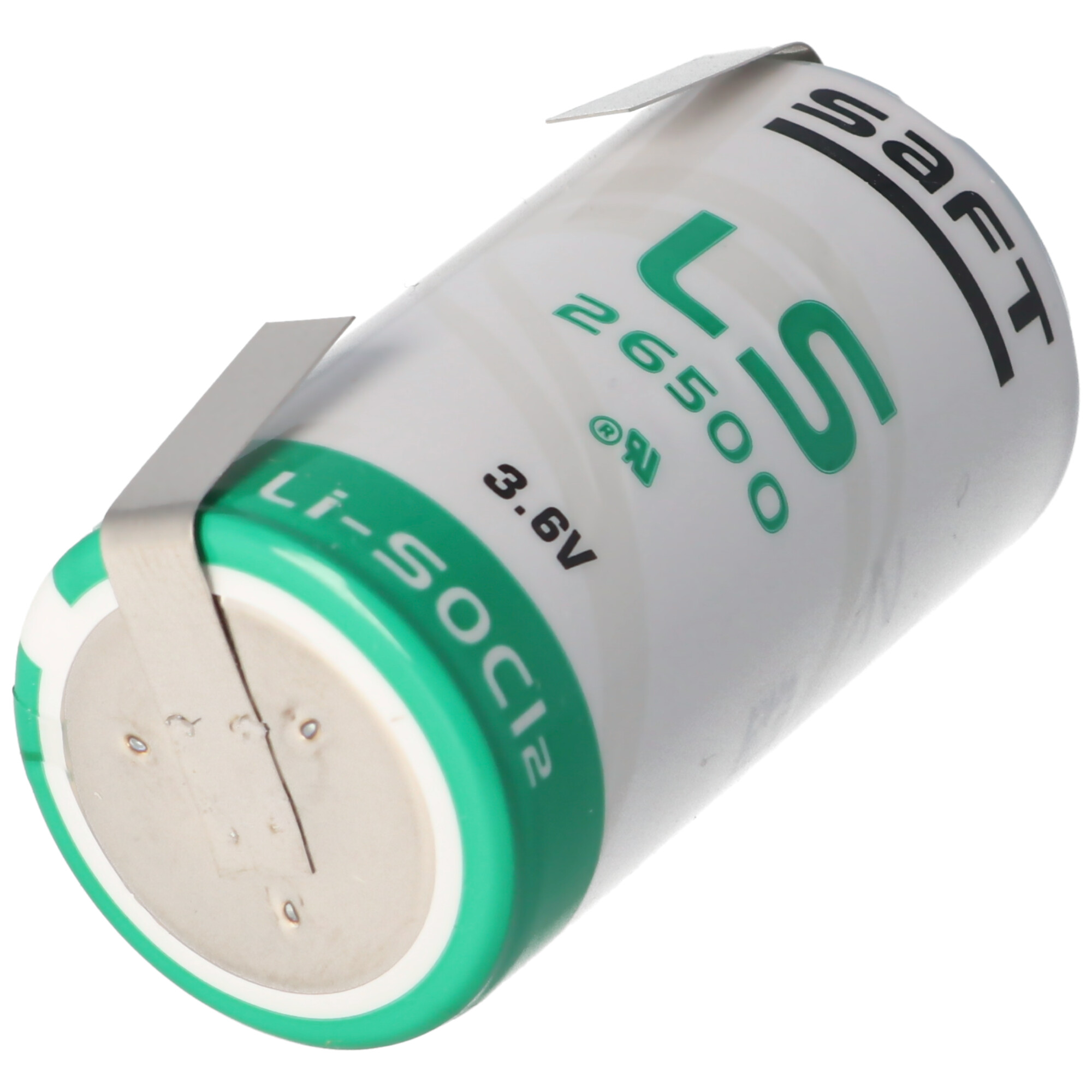 Eine weiße Saft LS 26500 3,6V Li-SOCl2 Batterie mit grüner und weißer Beschriftung.