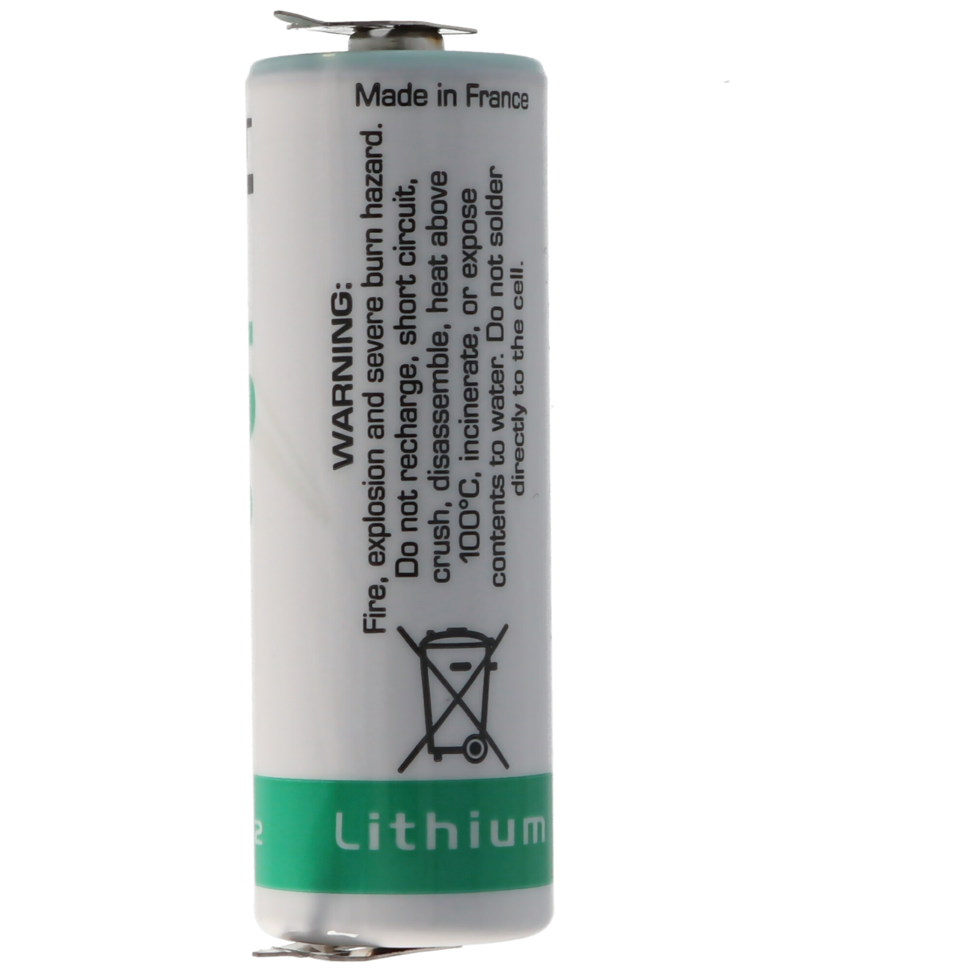 Eine weiße Lithiumbatterie, Made in France, mit Warnhinweisen und Entsorgungssymbol.